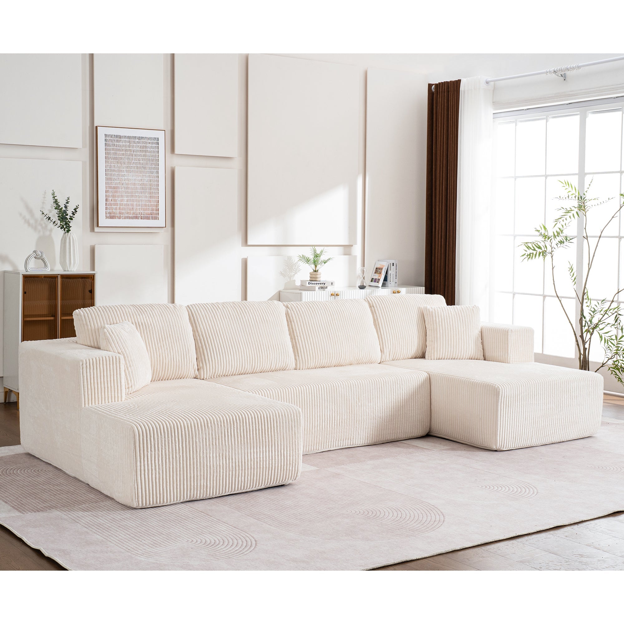 Modern U-Type Leisure Sofa with Modular Non-Assemble Design and Lounge Chairs, Lamp Fabric