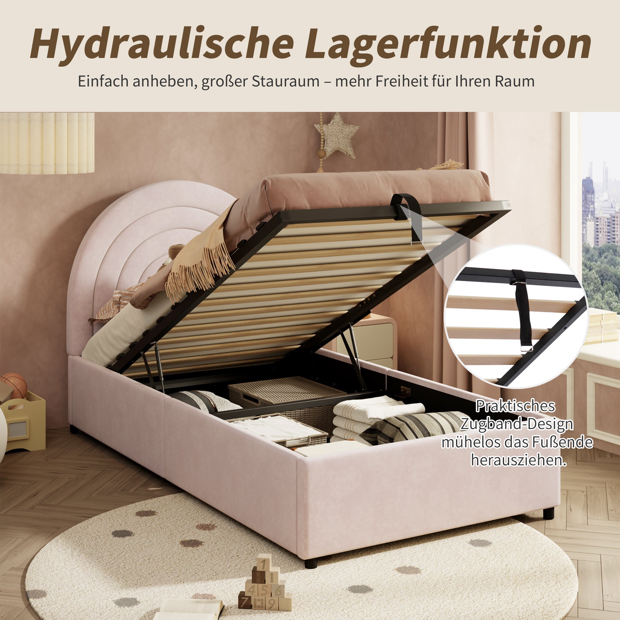 Upholstered Single Bed 90x200 with Slatted Base and Headboard, Pink Velvet