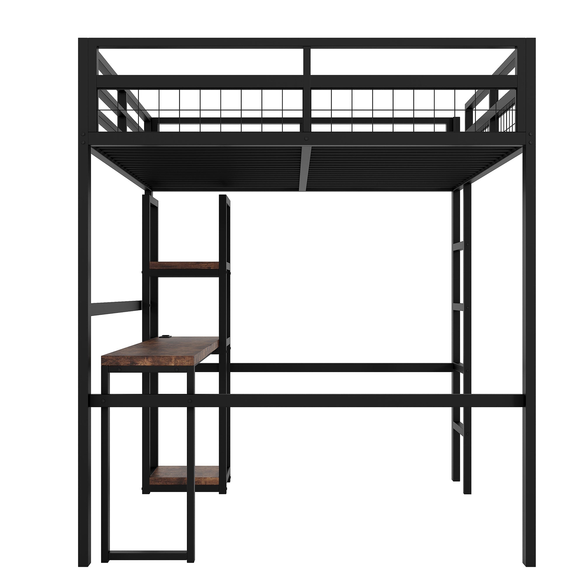 Loft Bed 140x200cm Iron Frame Desk Shelves Power USB/Type-C - Black