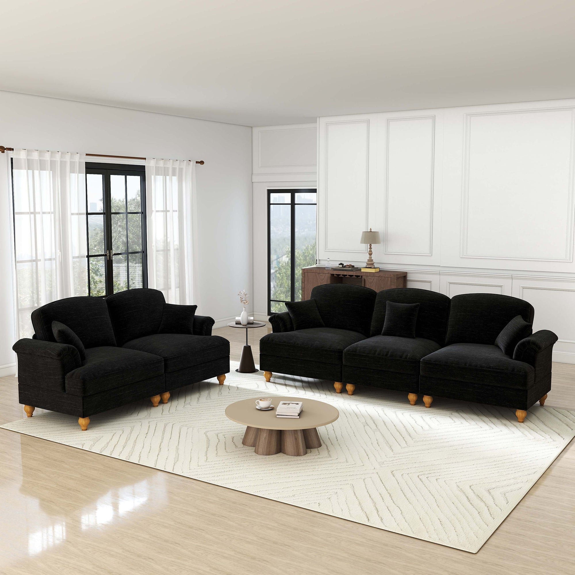 Classic 2-piece Sofa Set Modular 3-Seater & Loveseat Ruffled Apron - Chenille Black