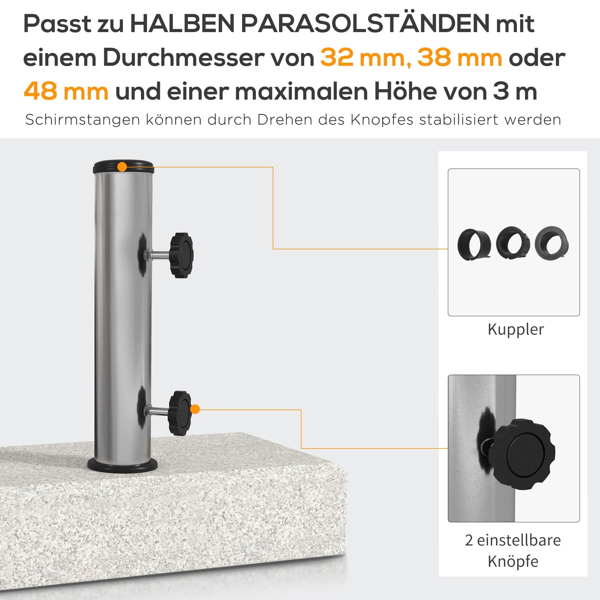 Parasol Base 25kg Semi-Circular Stand for 32/38/48mm Pole Garden/Balcony Granite Grey