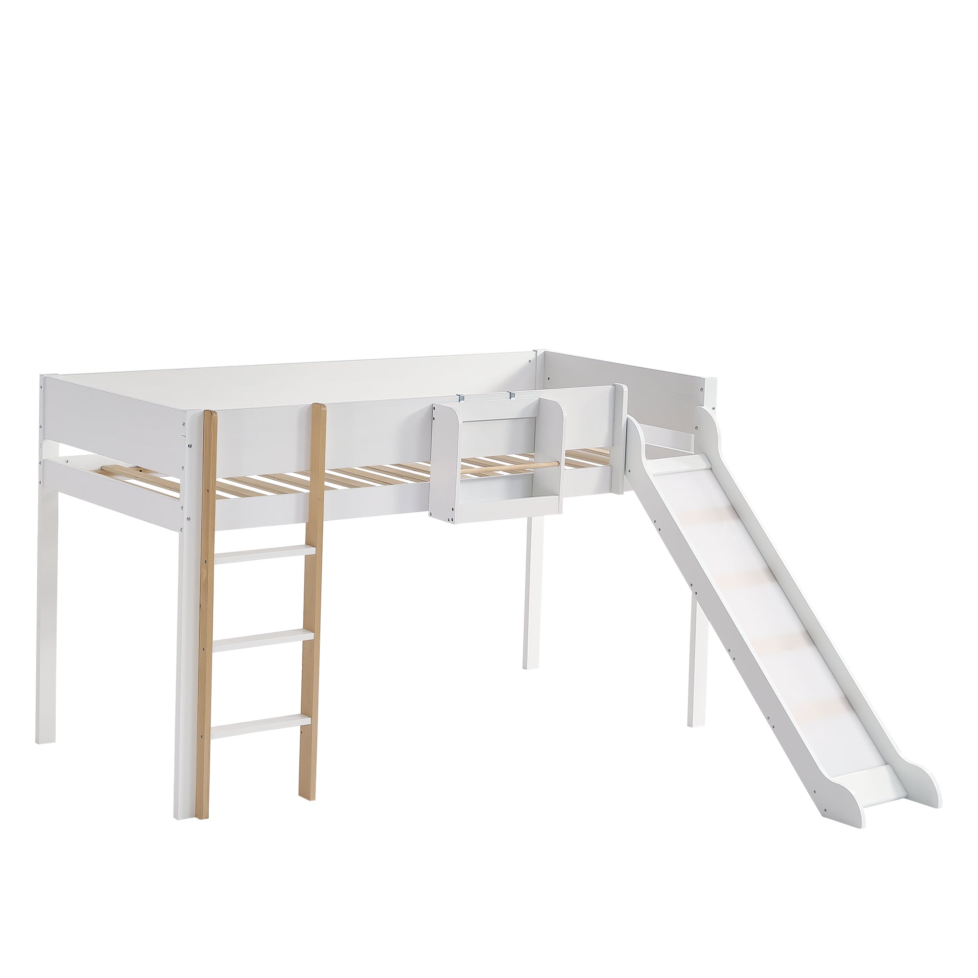 Loft Bed, Bunk with Slide & Removable Shelf, Pine+MDF White+Natural