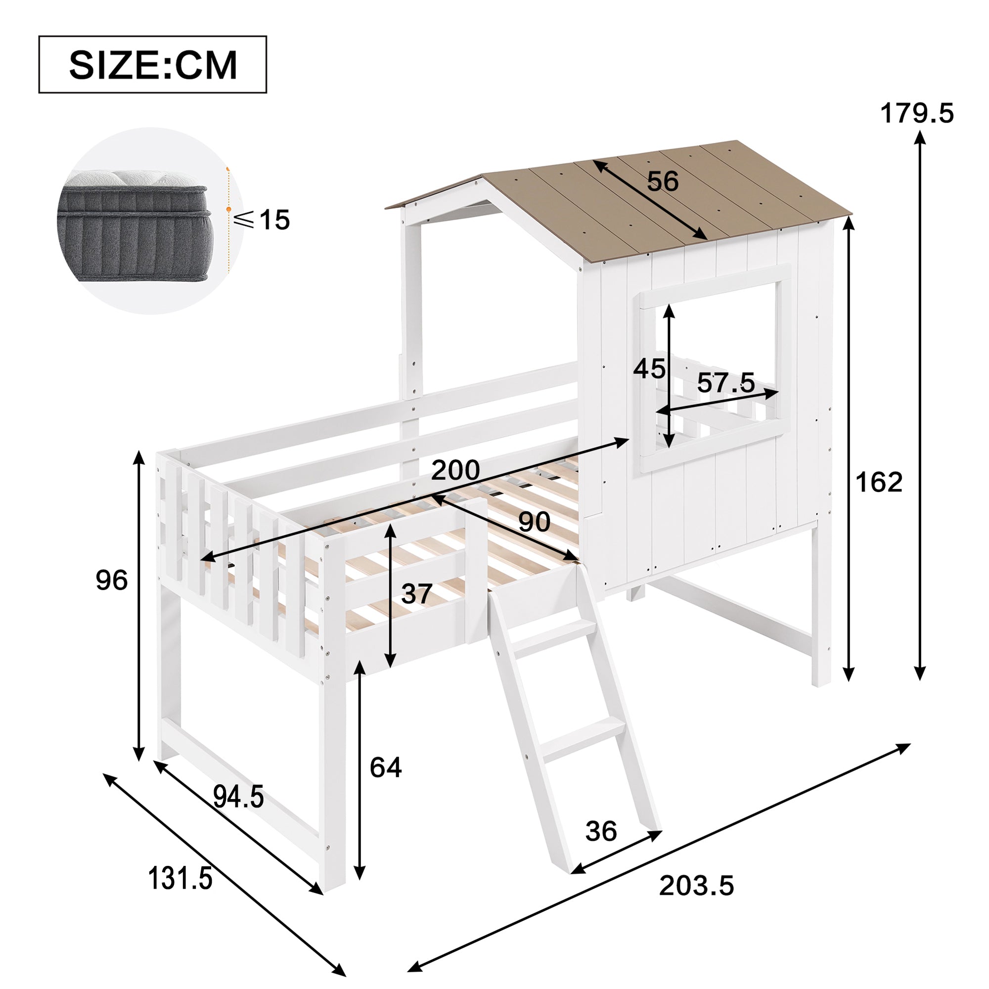 Children's Bed, Half-Height House Bed with Roof, Window & Stairs, White & Natural Wood