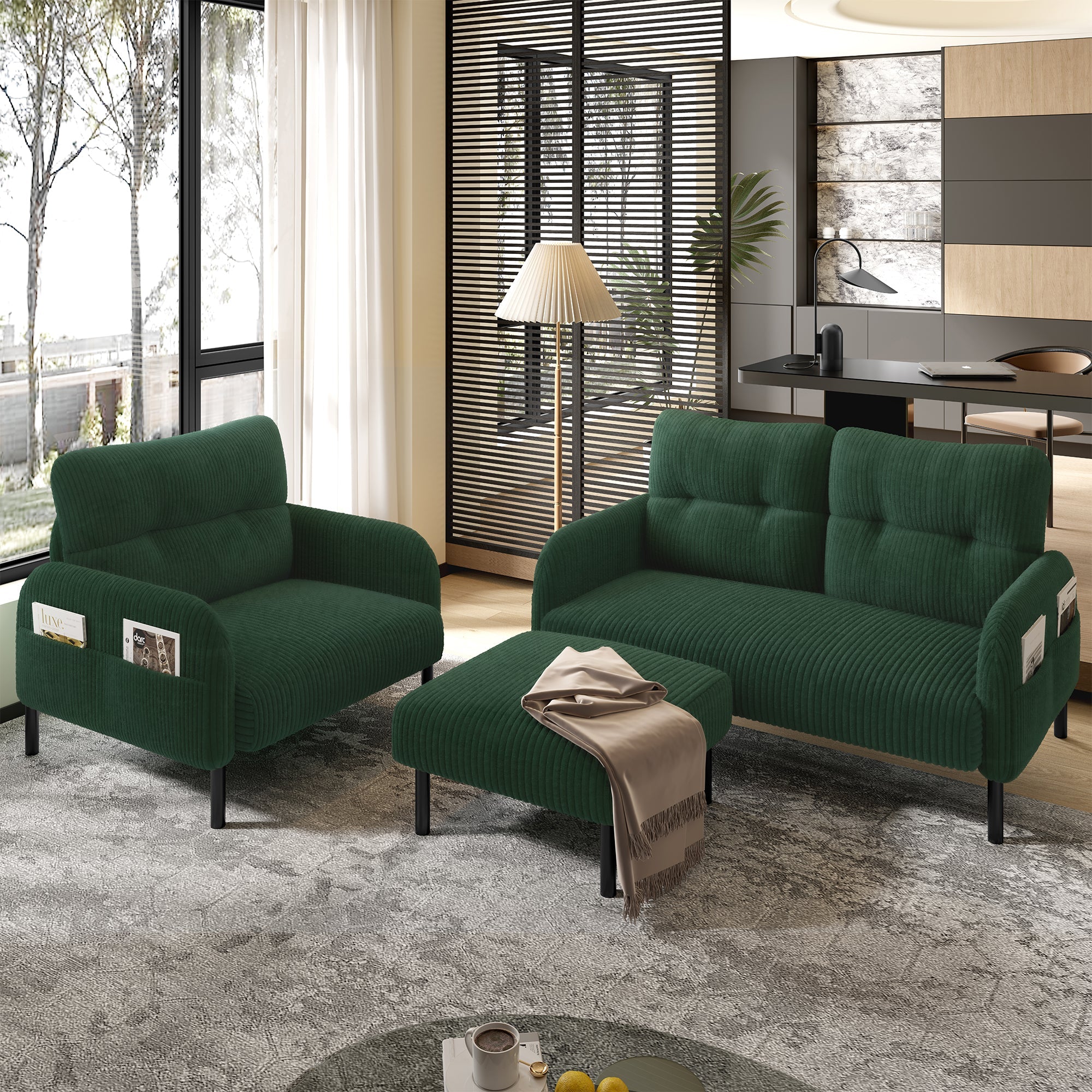 Cord Modular Sofa Set 3-Piece Armchair Footstool 2-Seater Side Pocket Emerald Green