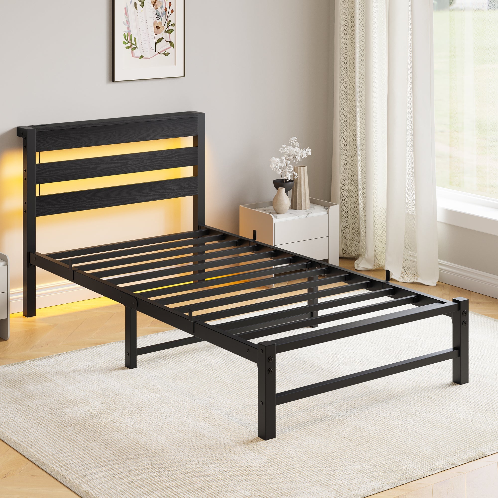 Metal Bed Frame 90x200 with LED Light USB Charging & Under-Bed Storage