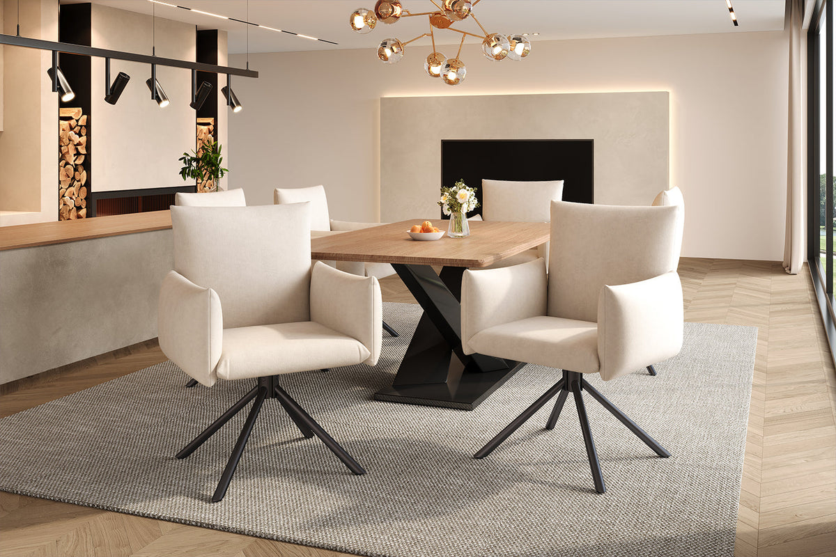 Dining Swivel Armchair Set of 6, Upholstered 360° Metal Legs Lumbar Support - Velvet Beige