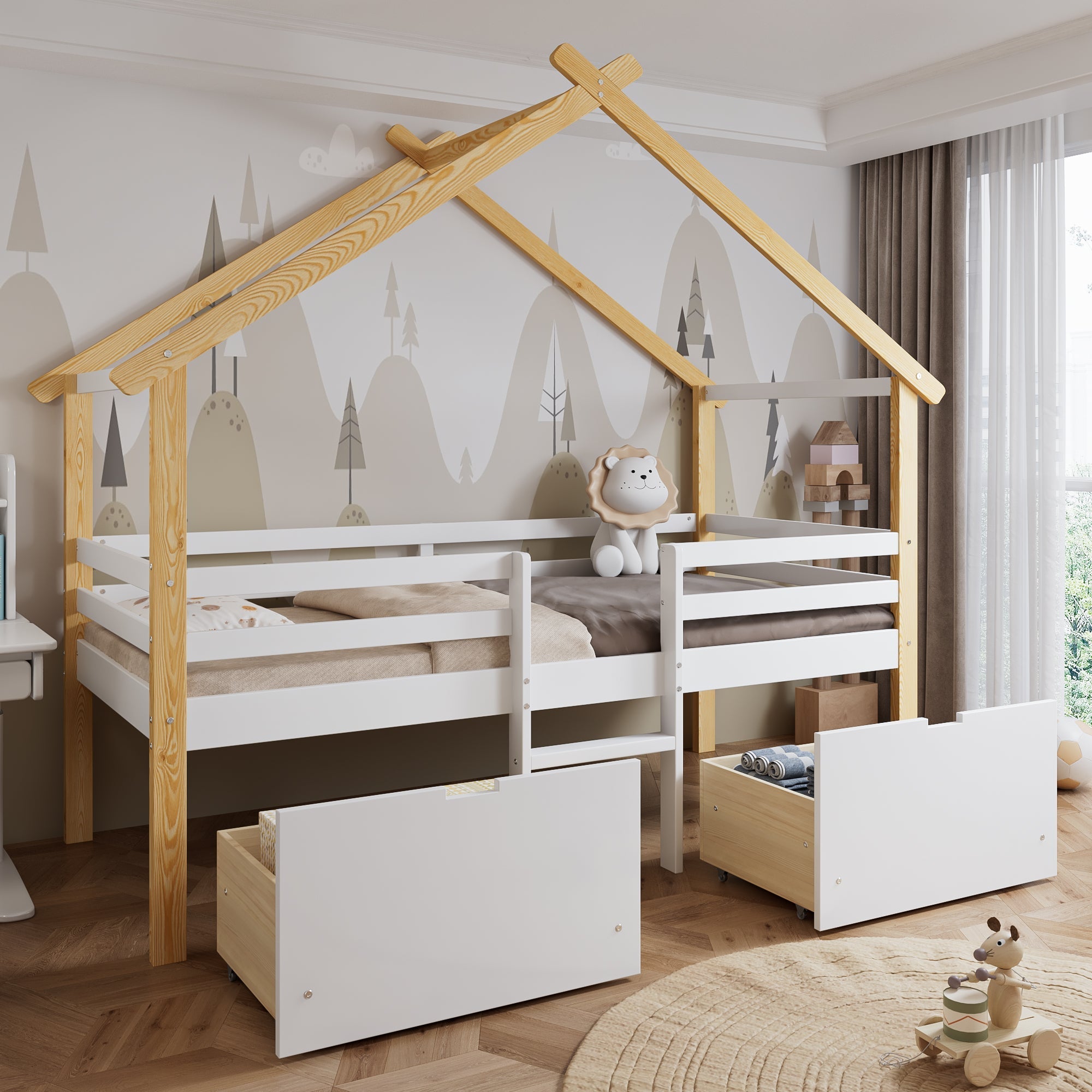 Wooden Children's Bed 3ft Single 90x190cm with Safety Guardrail, Storage Drawers, Imitation Roof Shape, White & Natural