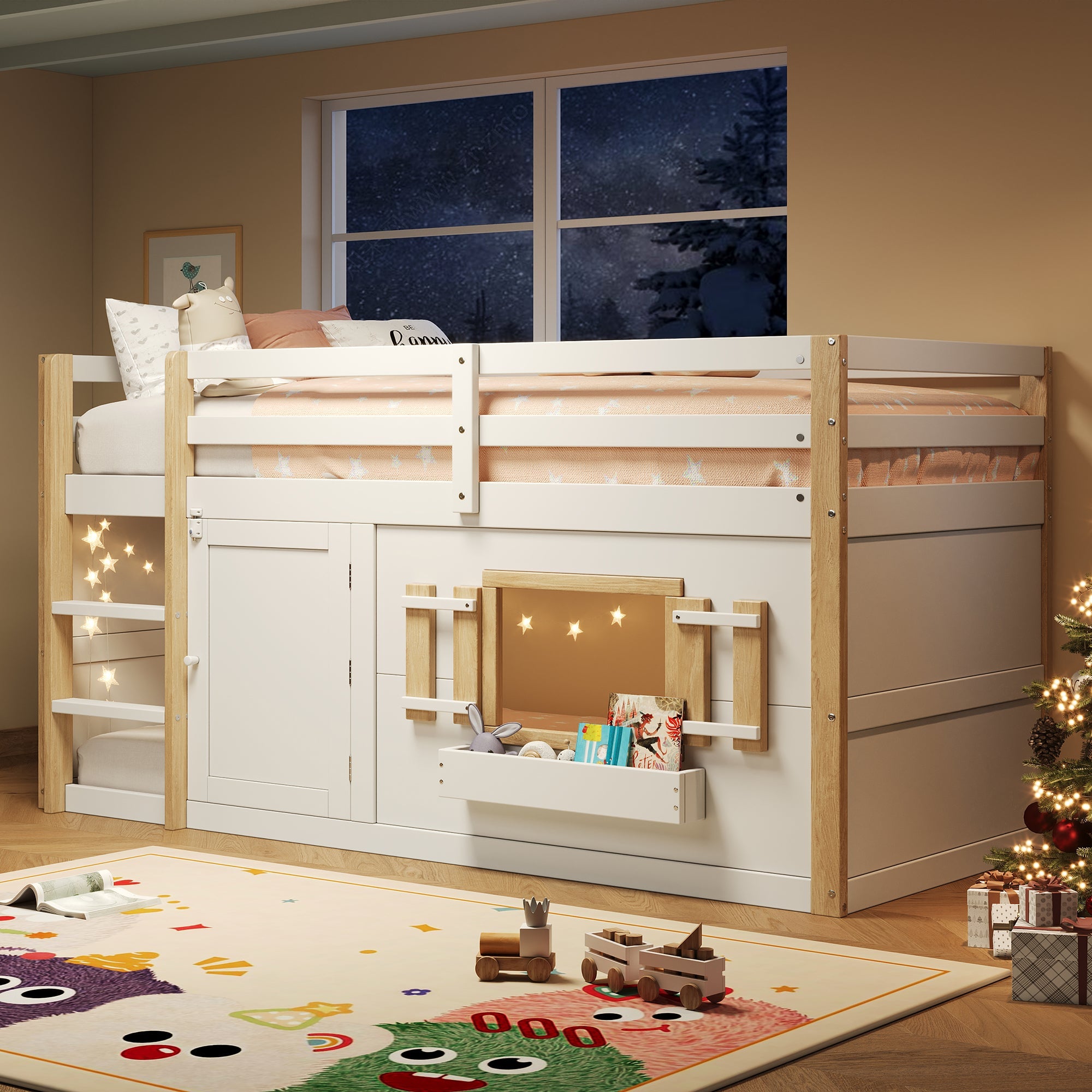 Children's Bunk/Loft Bed Multifunctional with Ladder & Play Area, White