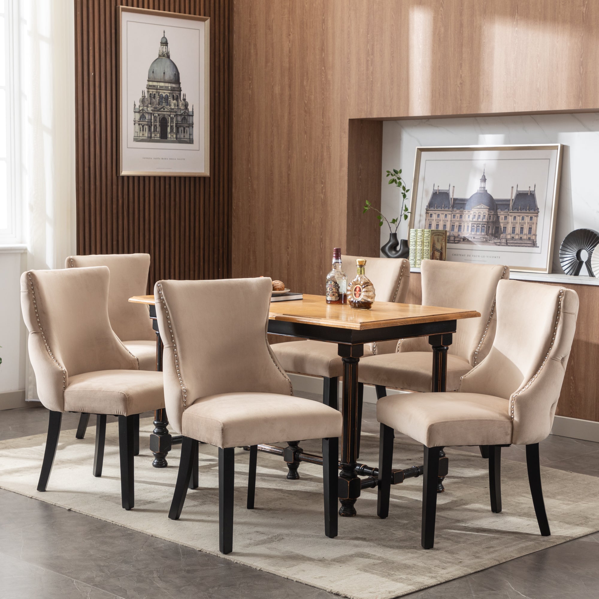 Dining Chair - Button Tufting, Solid Wood Frame - Beige Velvet (Set of 6)