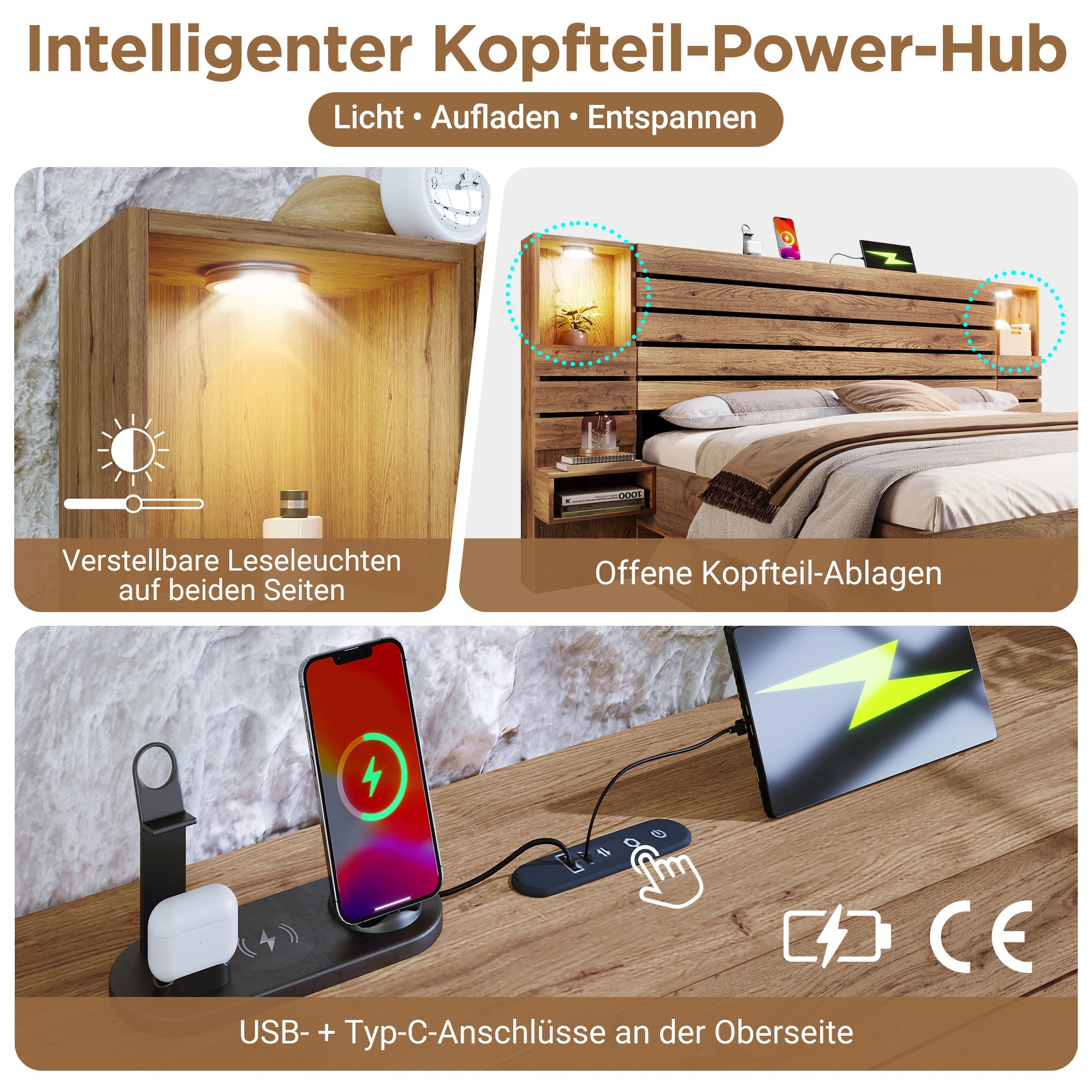 Wooden Double Bed with LED, USB Type-C, Floating Bedside Tables and Storage, 160x200cm, Oak Look