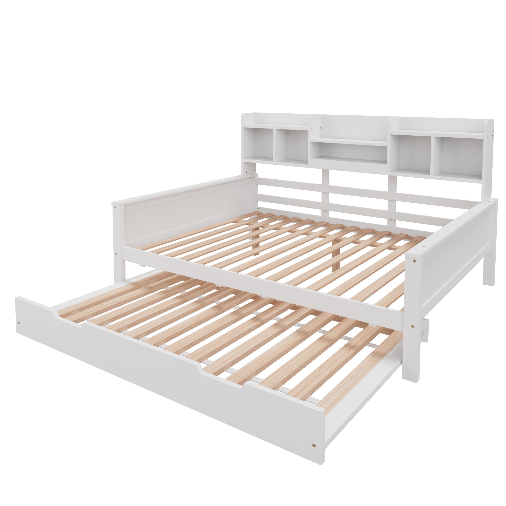 Sofa Bed, Pull-Out 140x200CM, Storage & Slatted Frame, Pine Wood White