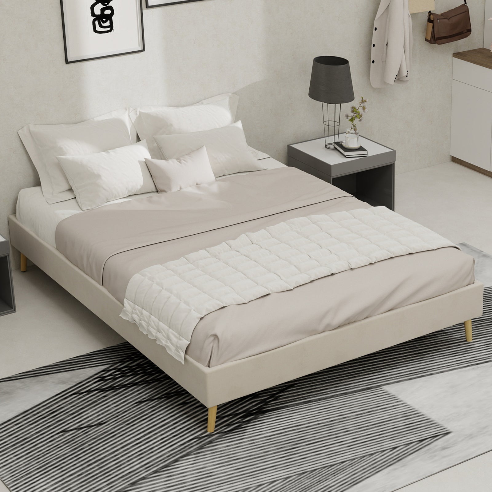 Modern Minimalist Bed Frame, Low Box 140x200cm, Beige Dutch Velvet