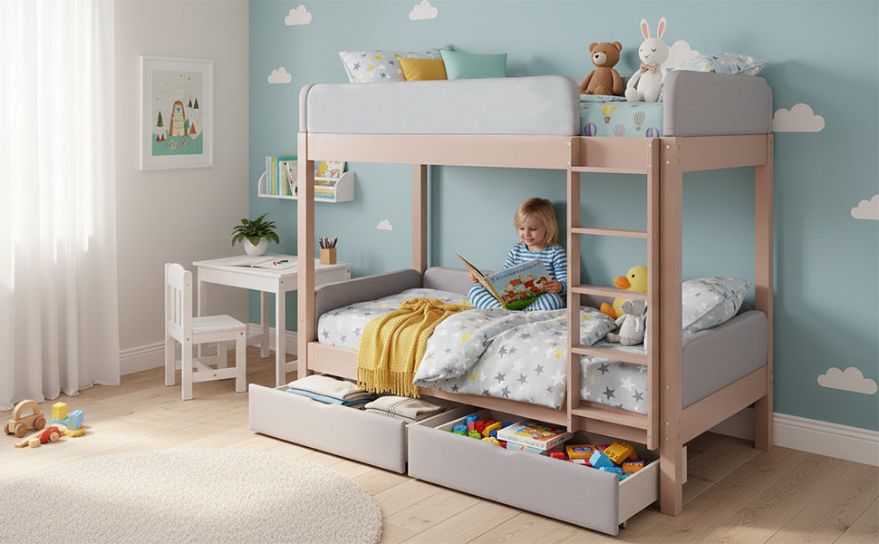 Bunk Bed with Anti-Collision Edge, Straight Staircase and Two Drawers, 90x200cm, Grey and Natural Rubberwood + MDF