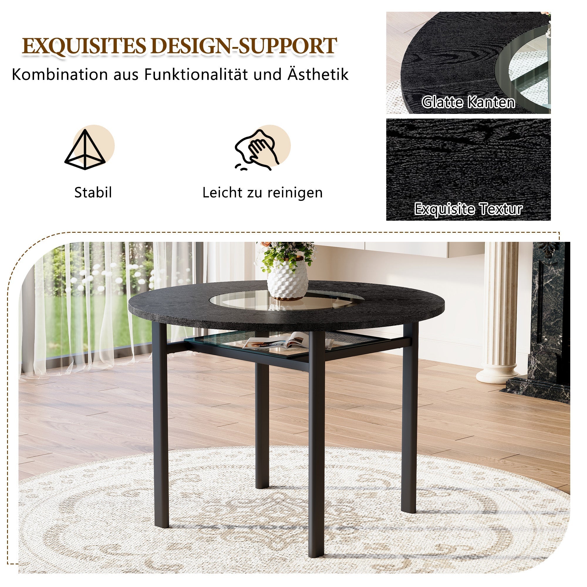 Modern Minimalist Round Table Set 100cm with 4 Tech Fabric Armchairs Black Wood Look & Brown