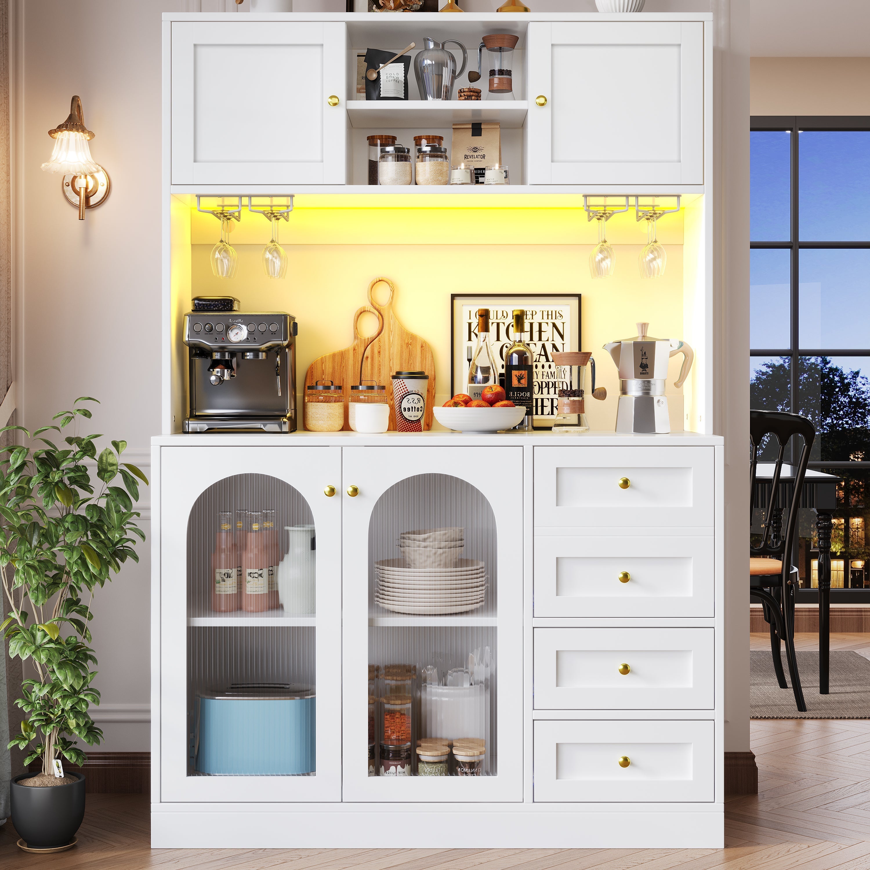 Sideboard Buffet Cabinet with LED Lighting and Fluted Glass Doors, Black and White