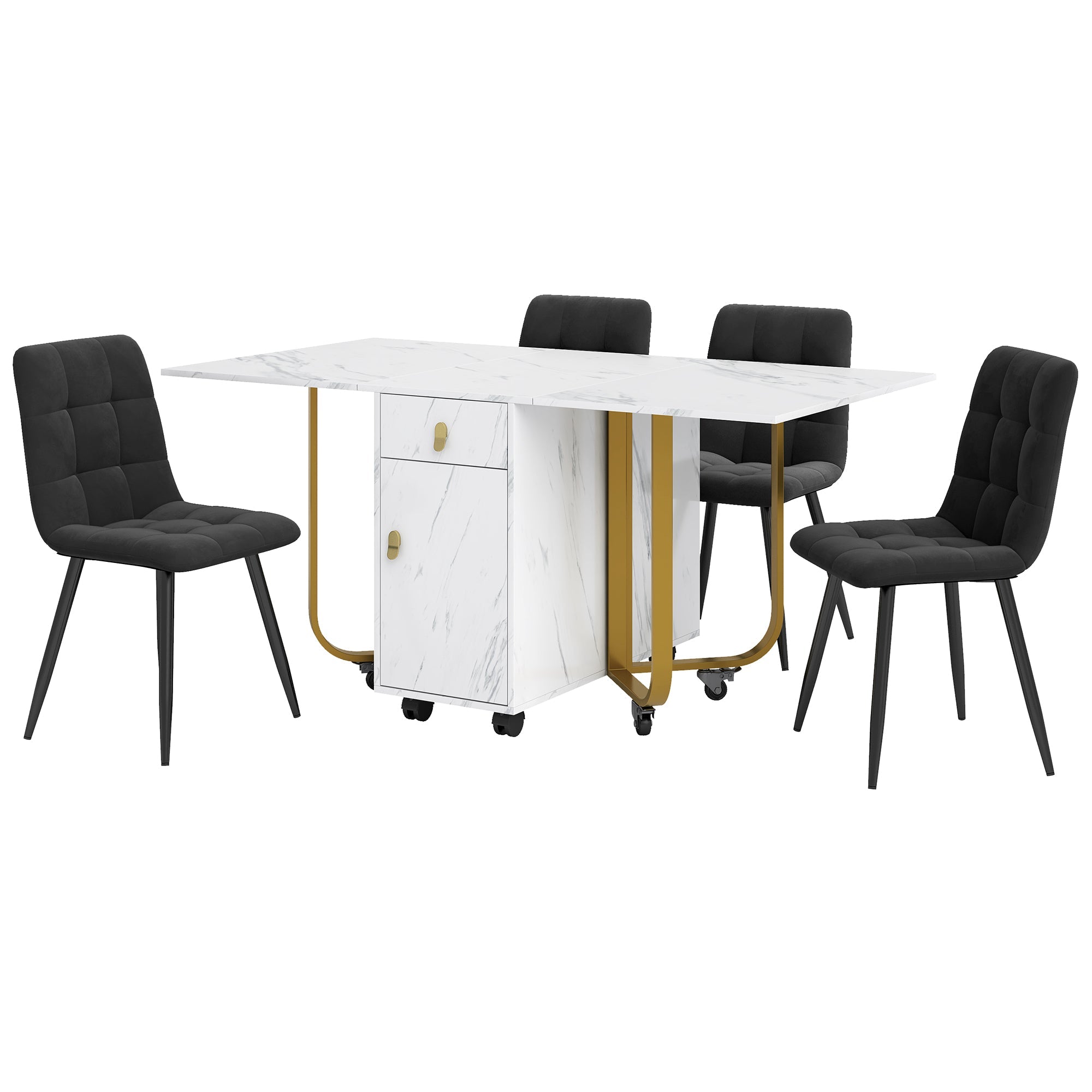 Dining Set, 4-Chair Folding Kitchen Table, Velvet Chairs, White MDF & Black Legs