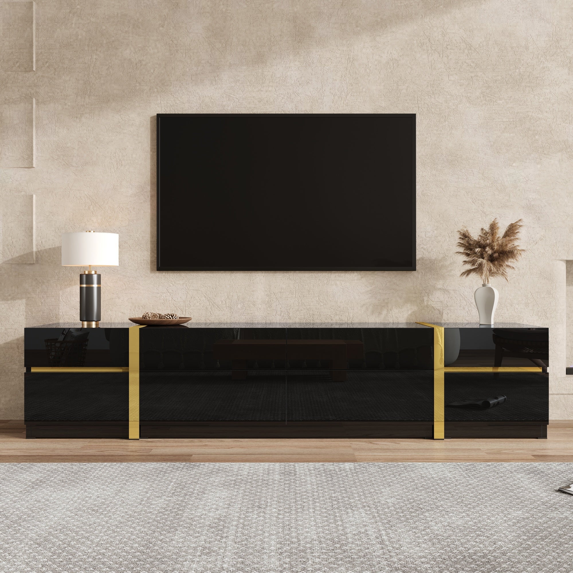 Luxurious TV Stand with Drawers and Doors, Modern High-Gloss Finish, Gold Edges