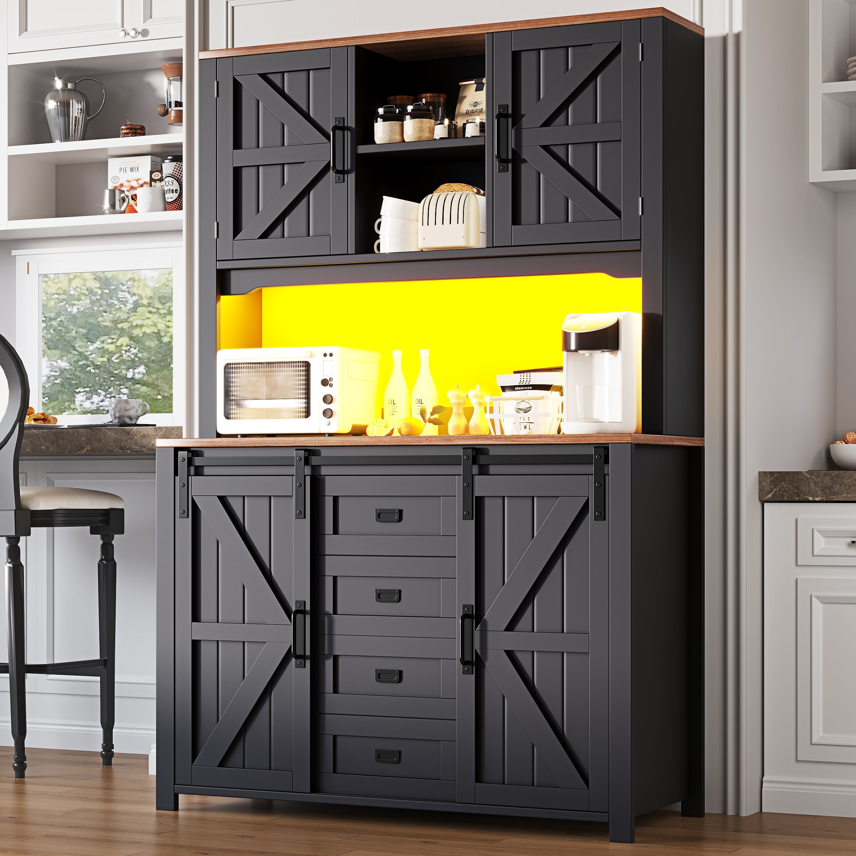 Tall Kitchen Sideboard 115x40x175cm Sliding Doors LED - Black/White