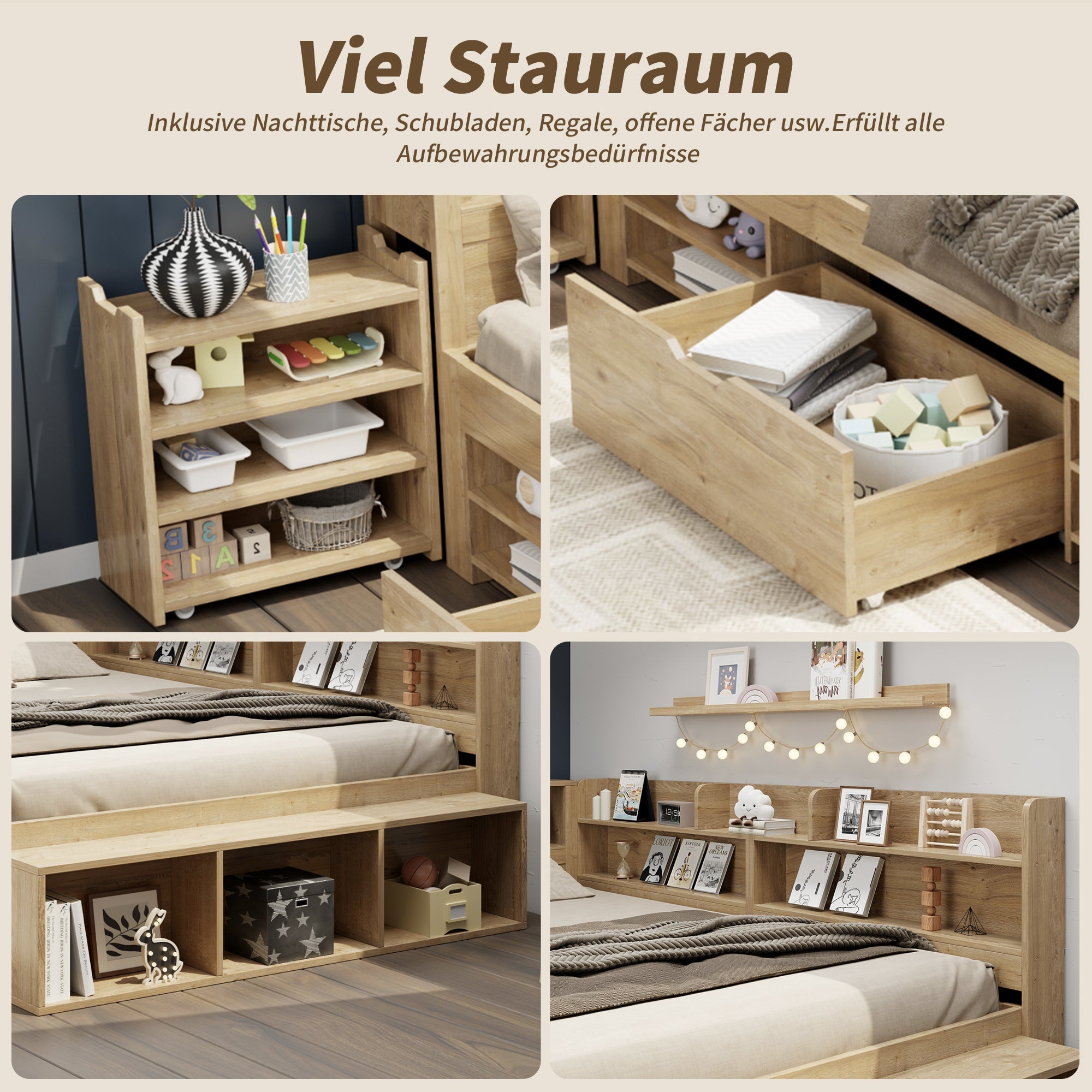 Children's Storage Bed 140x200cm Multifunctional Wireless Charging Drawers & Shelves - Natural