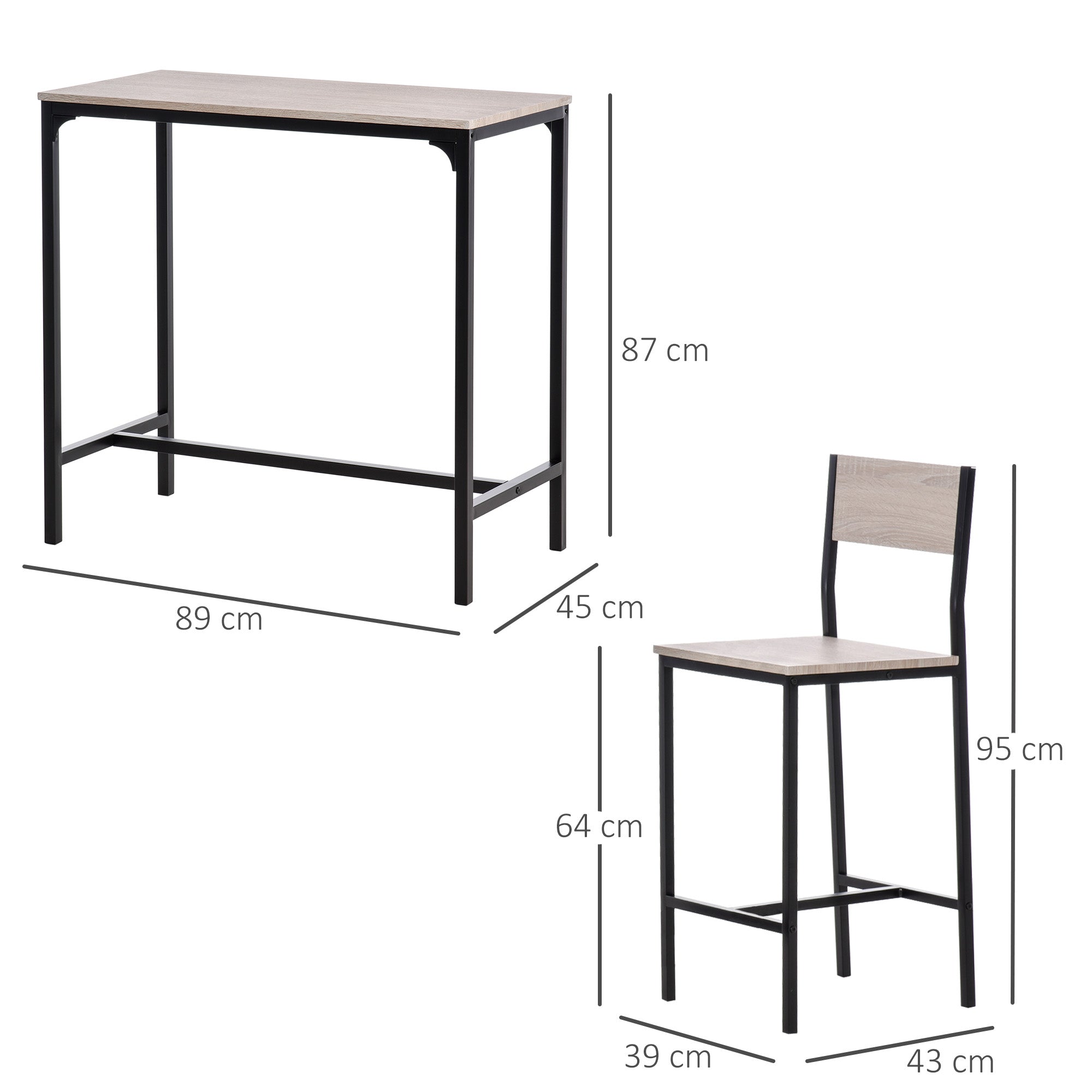 Bar Table with 2 Chairs, 3-Piece Set, MDF, Natural and Black