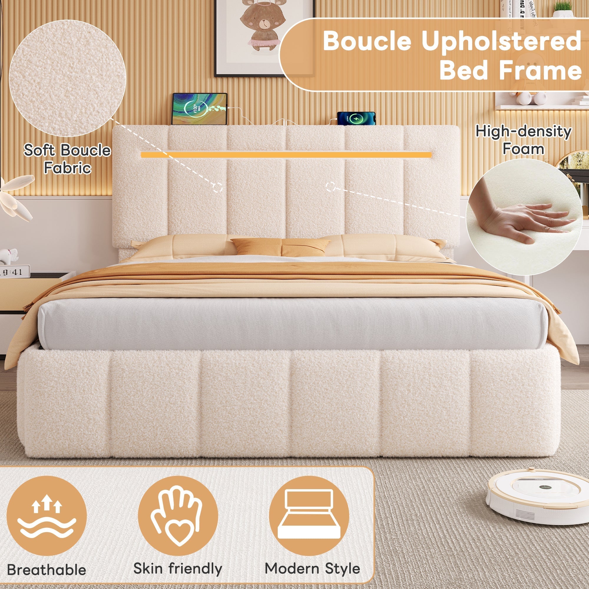 5ft King Upholstered Bed Frame with Hydraulic Storage, LED Adjustable Headboard, Boucle Fabric Beige