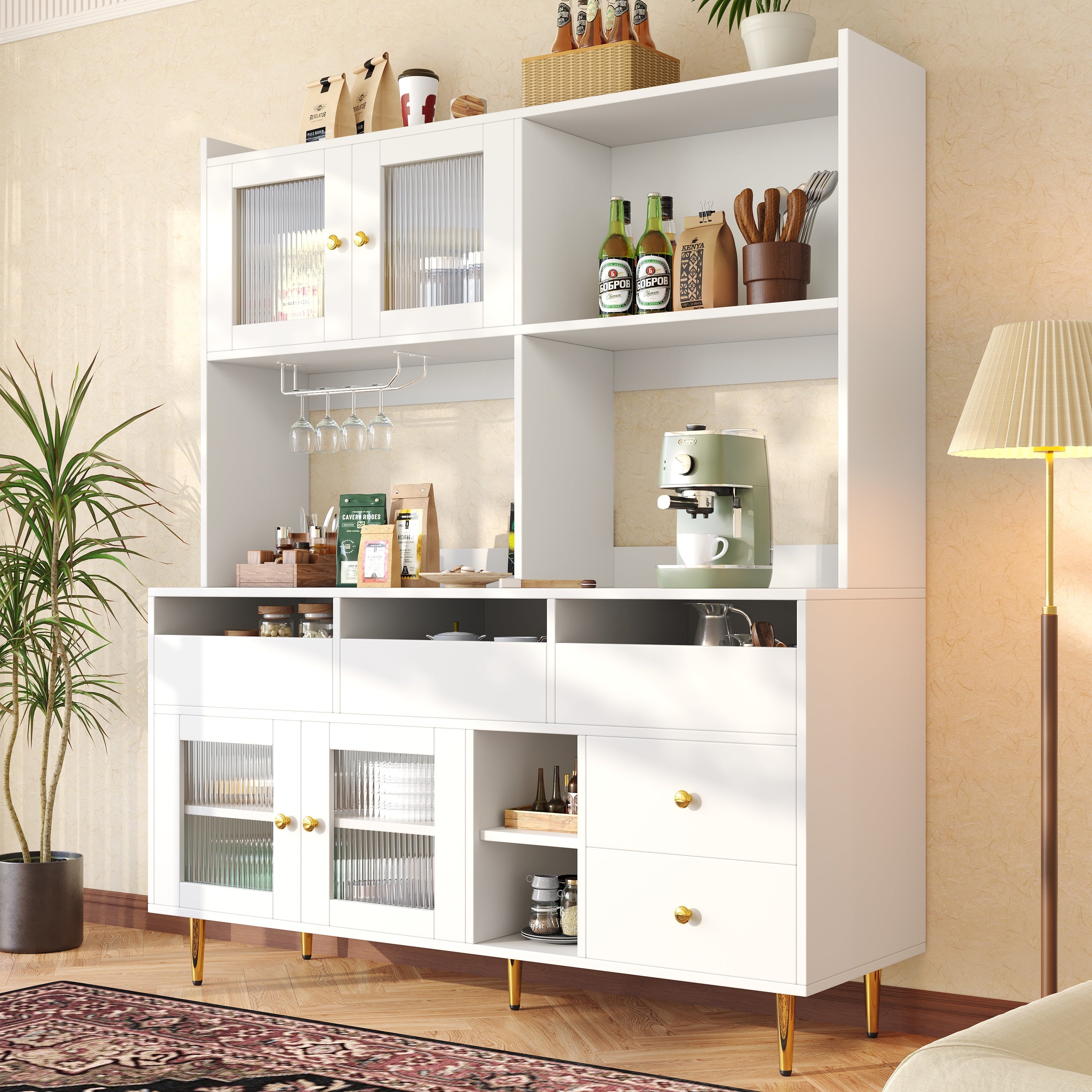 Dining Room Cabinet, Minimalist with Glass Doors & Wine Glass Shelves, White Gold Accents