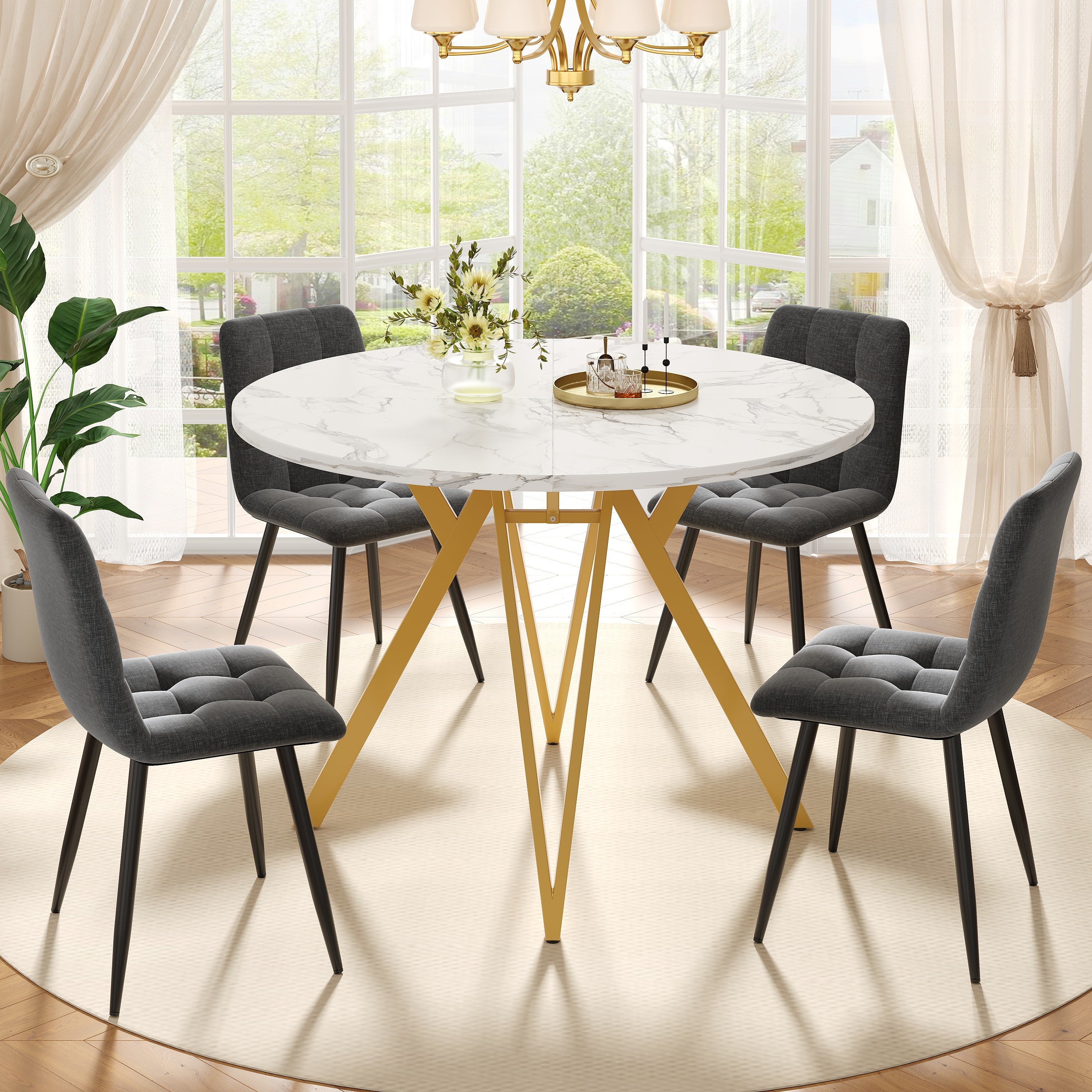 Dining Table Set 5-Piece Round 100cm Gold Metal Legs MDF Marble/Grey
