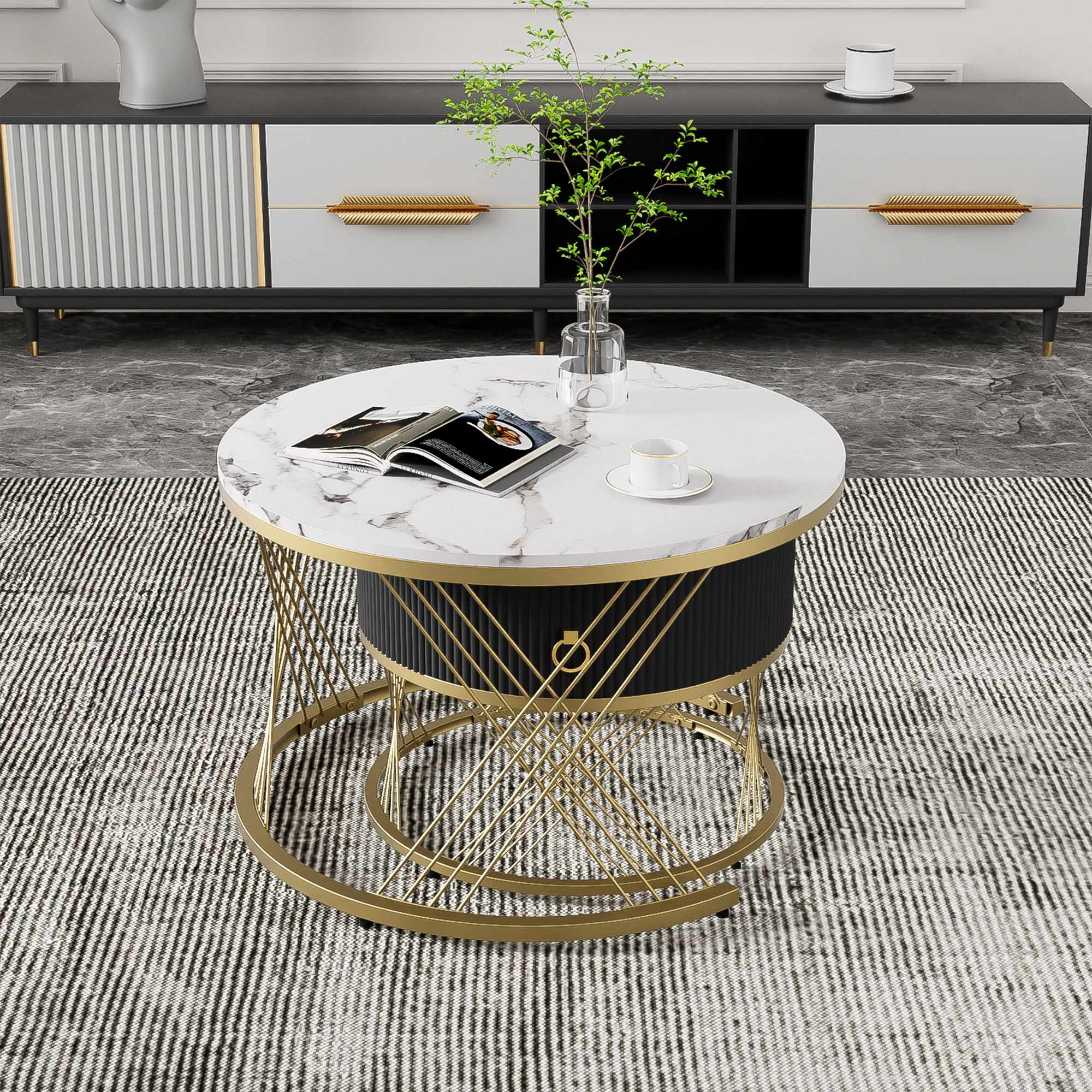 Modular Coffee Table Set of 2, Marble Look Drawers Gold Decor