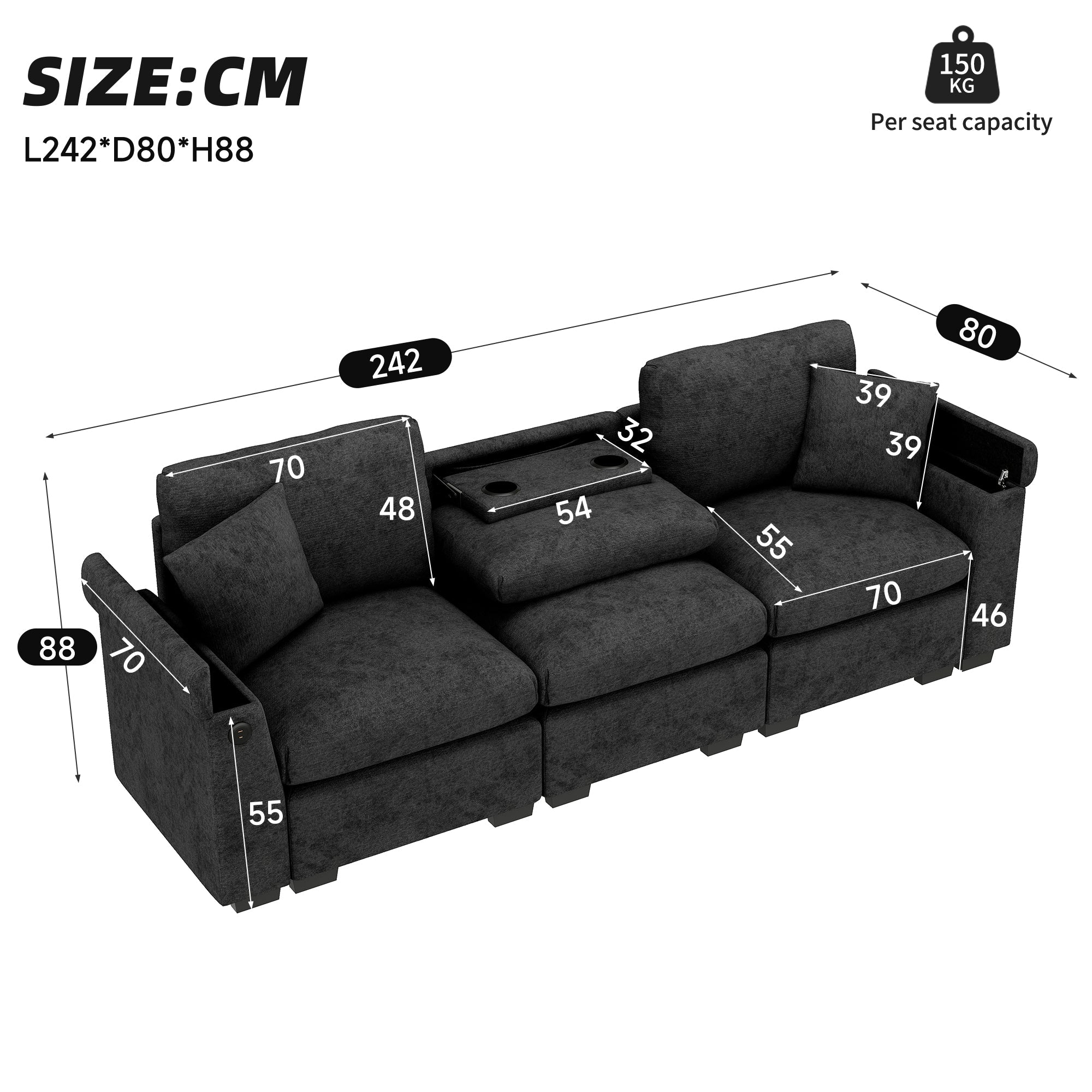 Three-Seater Sofa Multifunctional Folding Table USB Storage - Chenille