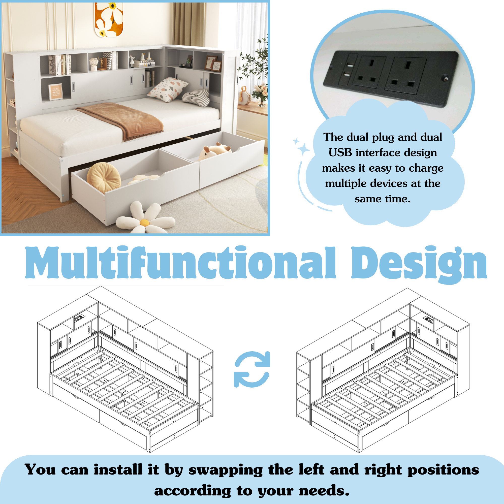 Platform Bed with Trundle, Bookcase & USB, Single 3ft, Storage Drawers and Shelves, White