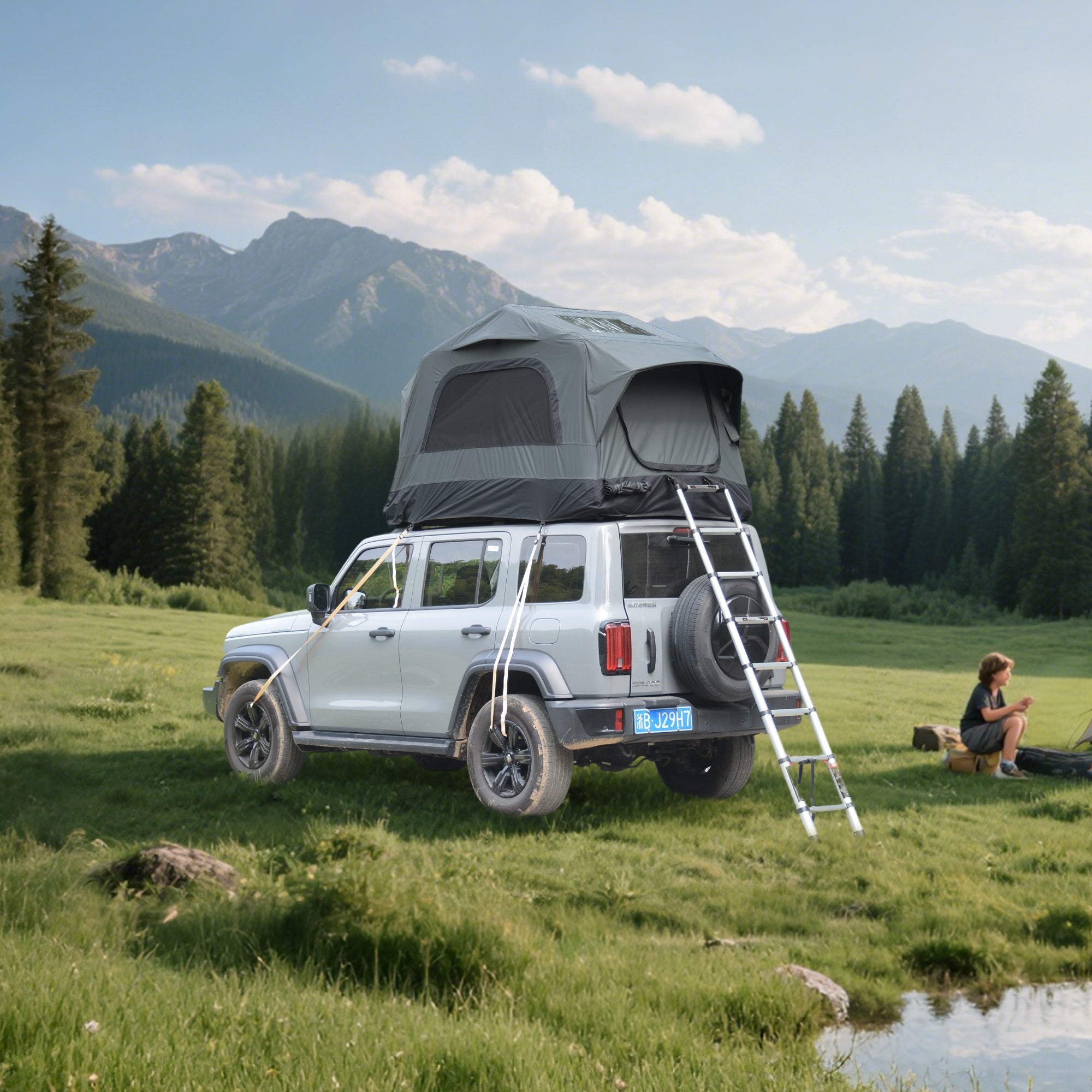 Inflatable Camping Tent with Hand Pump, Roof Top - Gray + Black