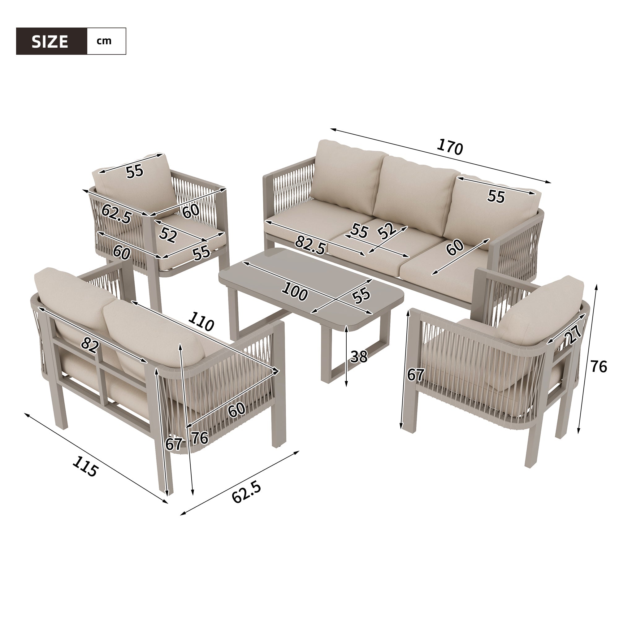 5-Piece Garden Furniture Set with Glass Tabletop and Teslin Rope Weave, Khaki