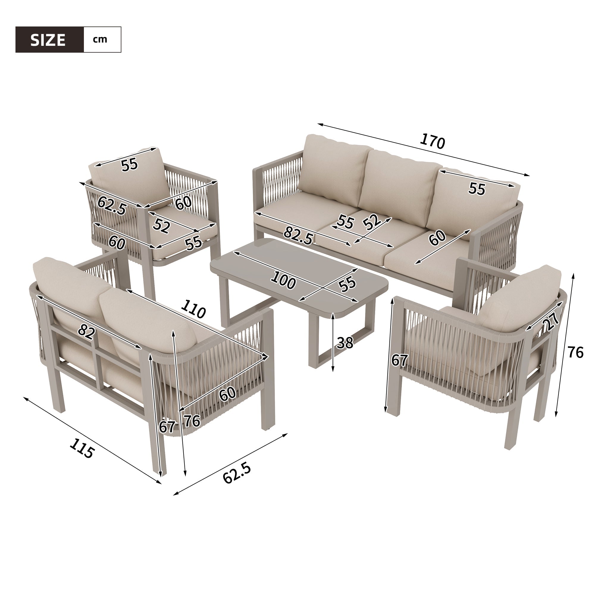 5-Piece Garden Furniture Set with Glass Tabletop and Teslin Rope Weave, Khaki