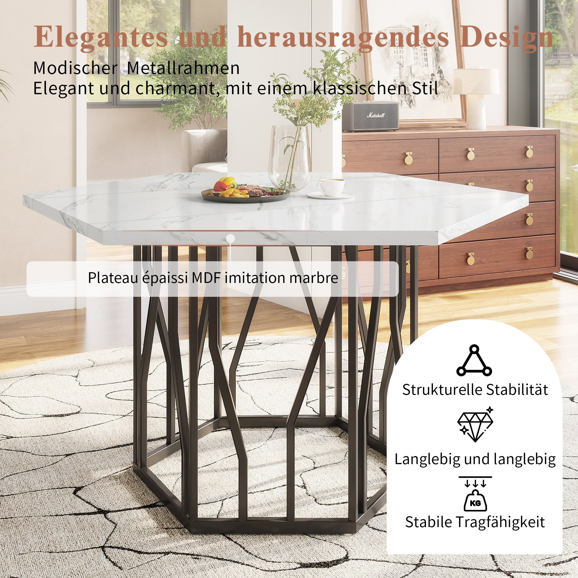 5-Piece Dining Set, Modern Hexagonal Marble Table with 4 Chairs, Black Velvet