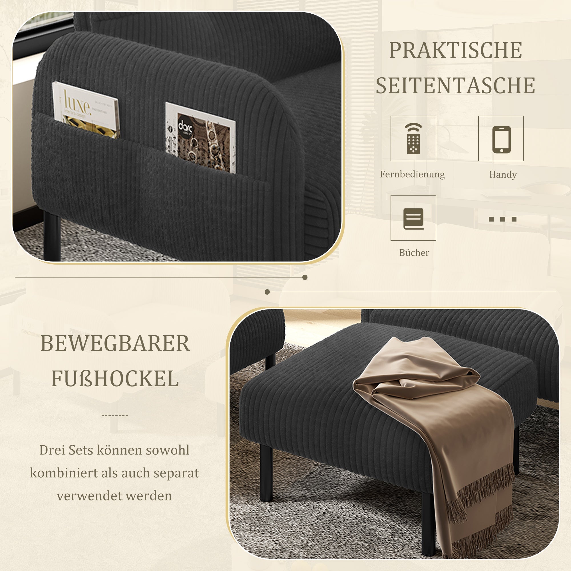 Cord Sofa Set, Modular 3-Piece Deep Seat Side Pocket, Grey Fabric
