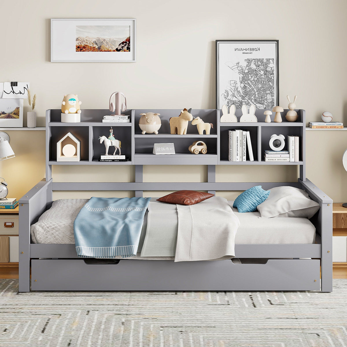 Extendable Sofa Bed 90x200cm/90x190cm Storage Pull-out Solid Pine Wood Grey