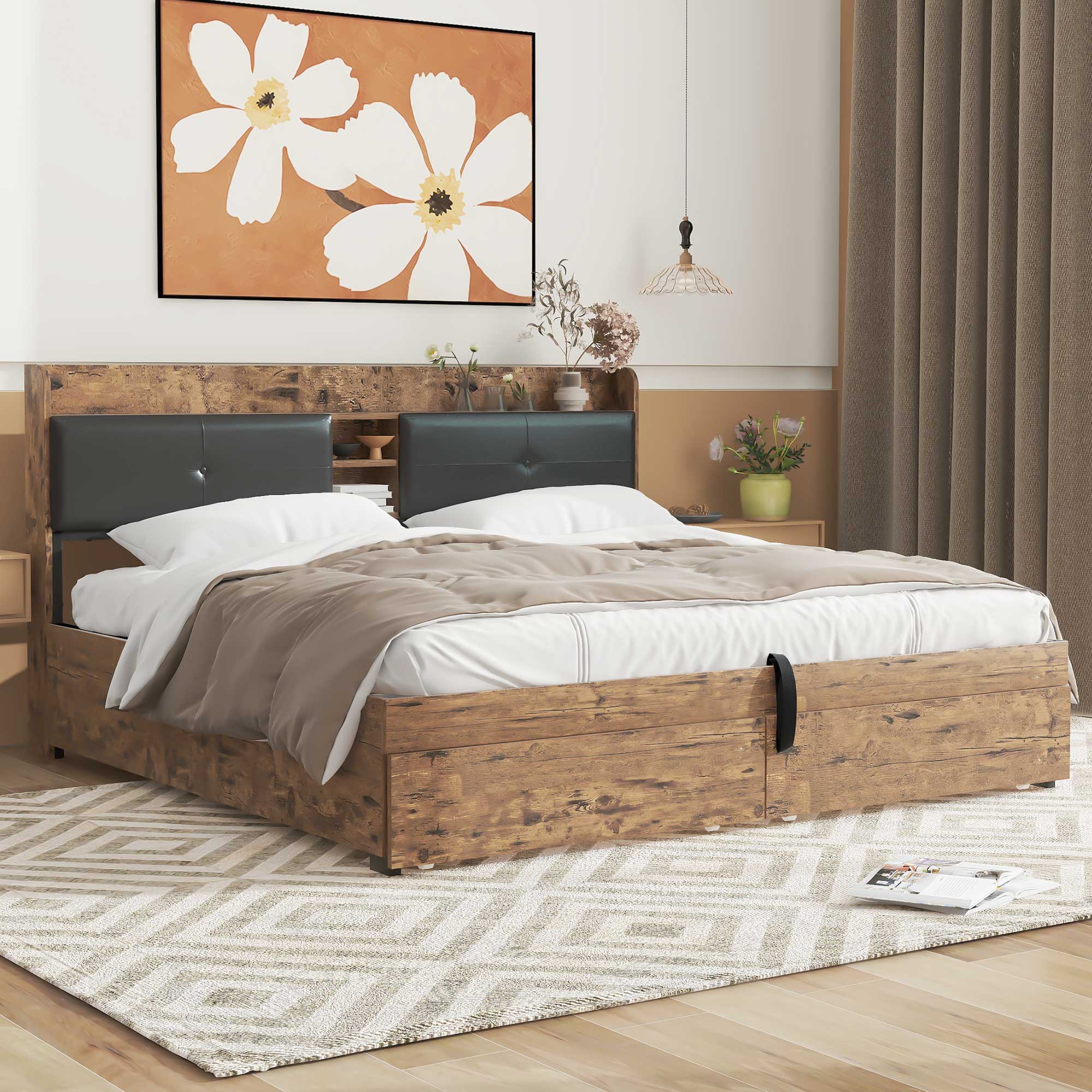 Hydraulic Metal Double Bed with Storage Headboard and Slatted Base, 180x200cm, Wood Color and Black