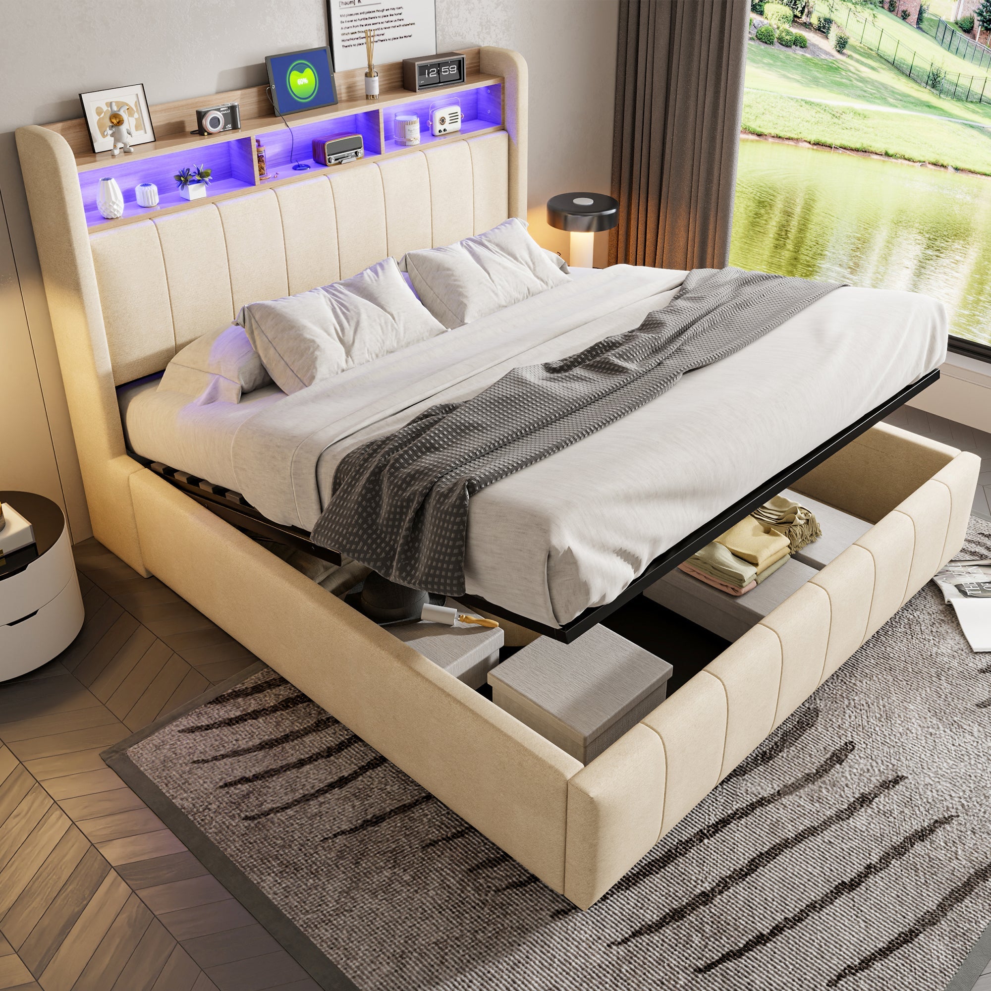 Upholstered Bed 160x200cm LED/USB, Storage, Hydraulic Lift, Beige Linen Fabric