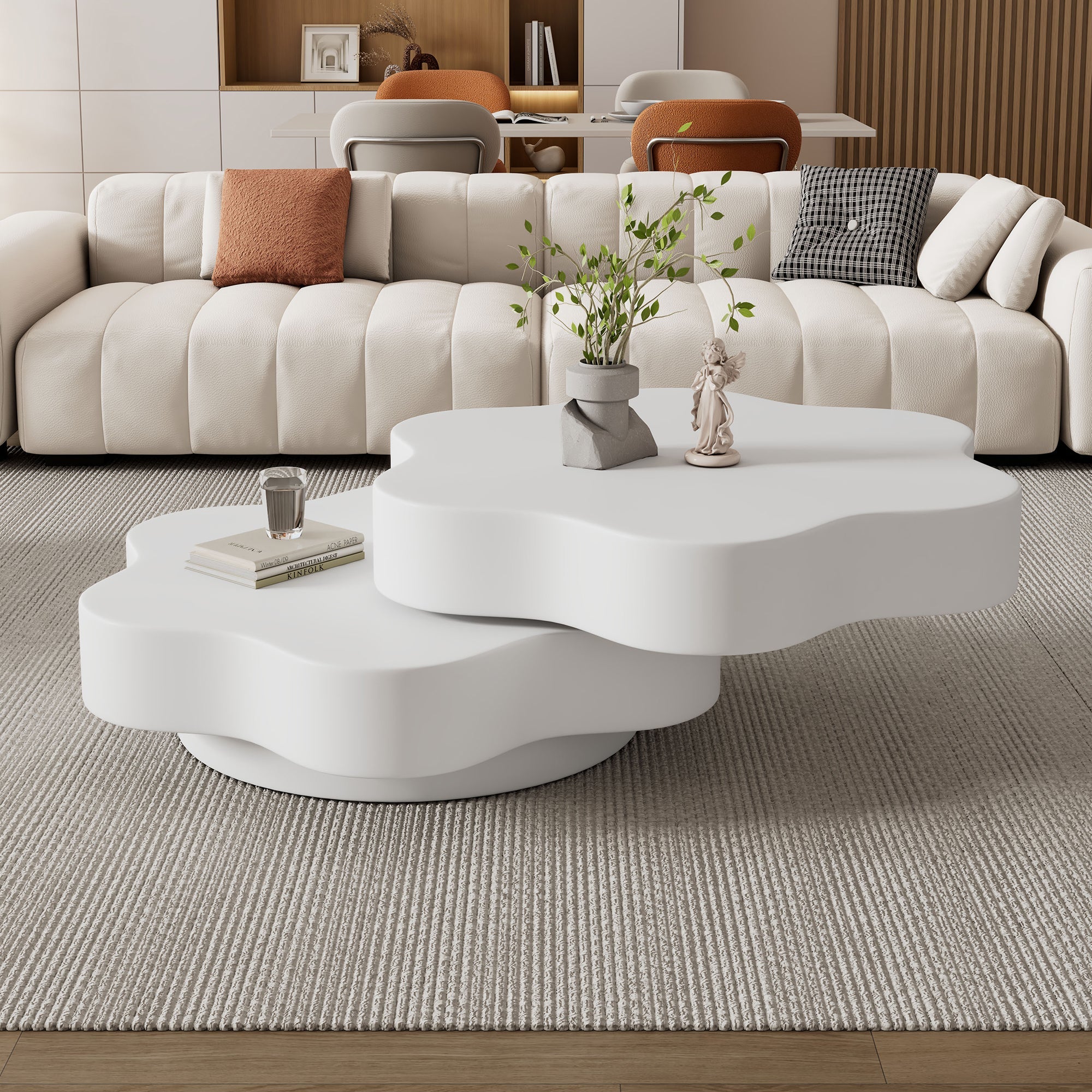 Flower Coffee Table 360° Rotating Double-Layered Storage MDF Cream White