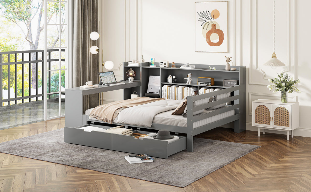 Sofa Bed, Multifunctional 140x200cm with Desk Storage & Power Outlet, Solid Wood Grey
