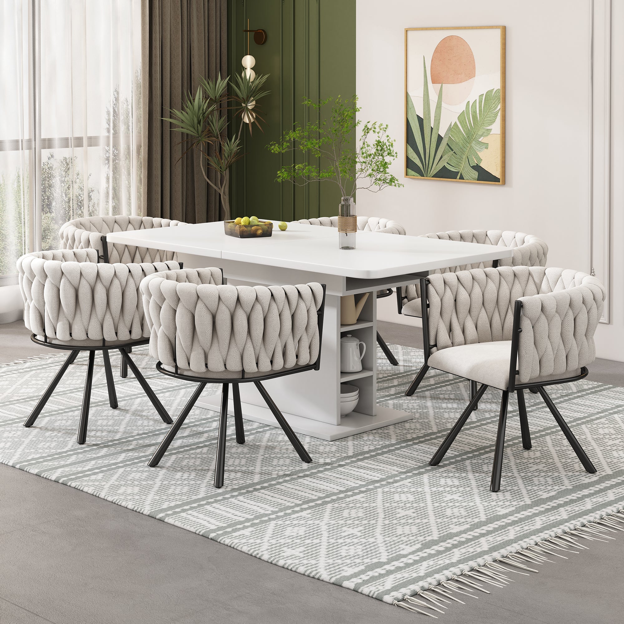 Linen Dining Chairs, Set of 2, Swivel Design with Metal Support Legs, Beige and Black Linen