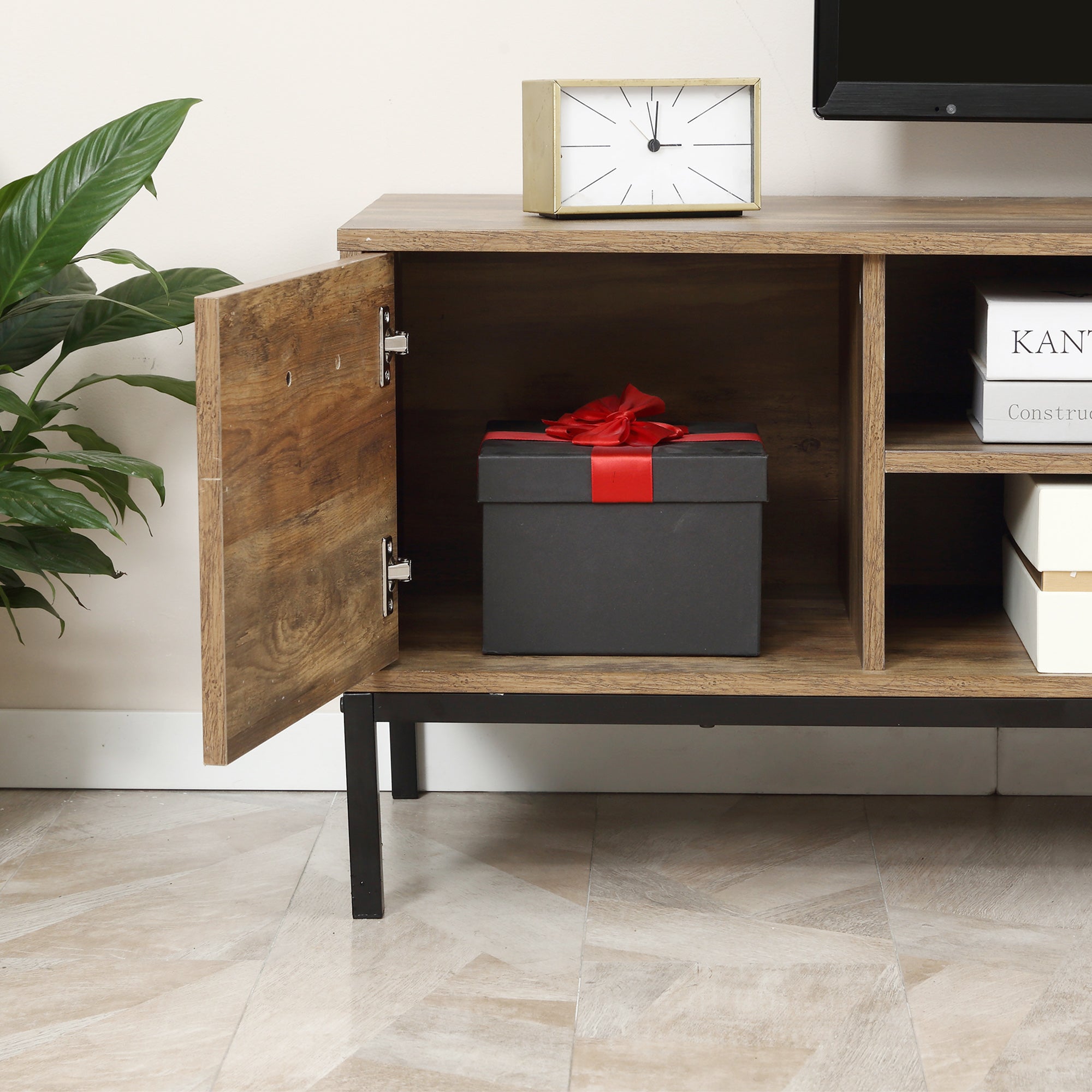 TV Stand Cabinet, Light Industrial-Style Multi-Storage for up to 50" Screen - Brown/Black