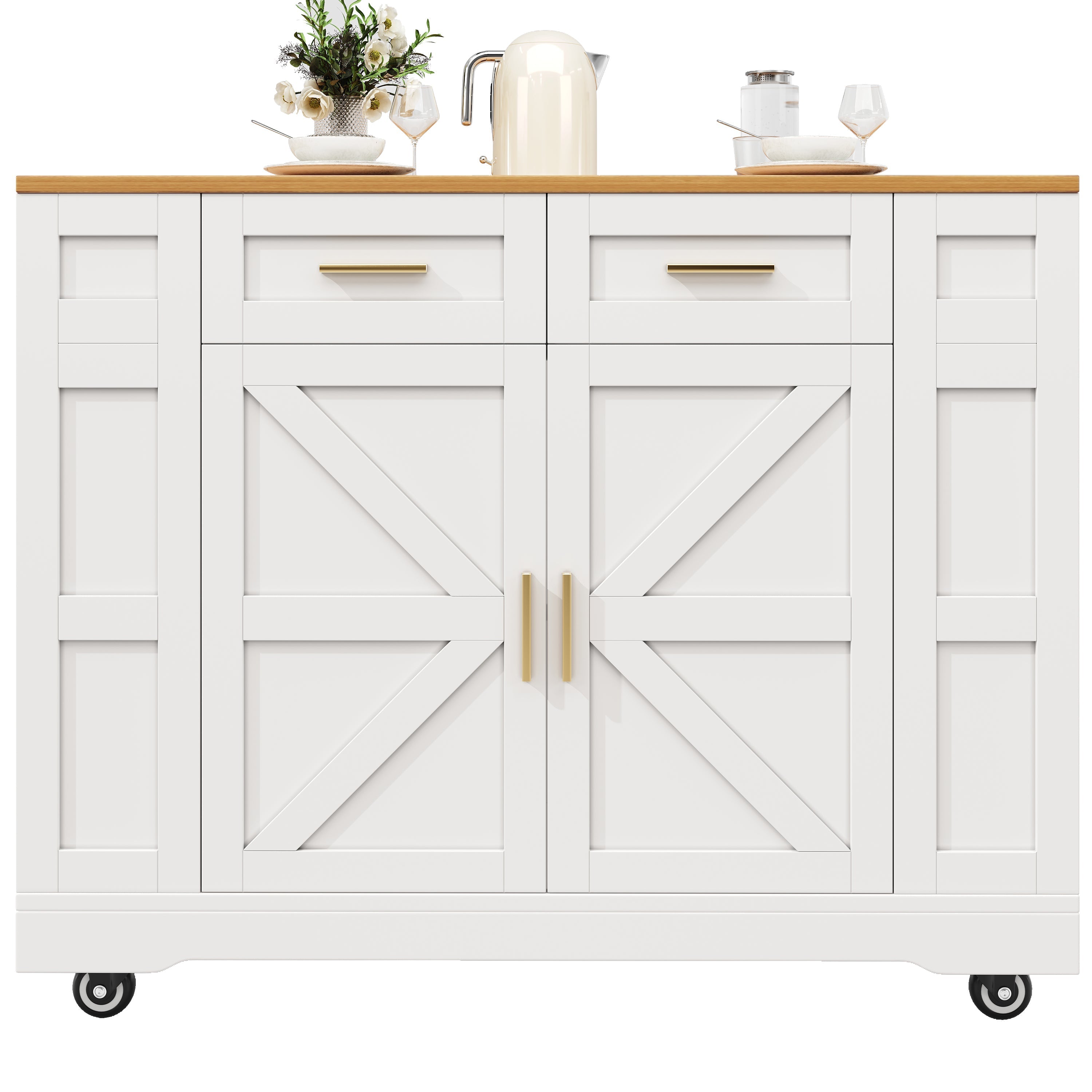 Kitchen Island Extendable Dining Table Storage Wood Grain - White