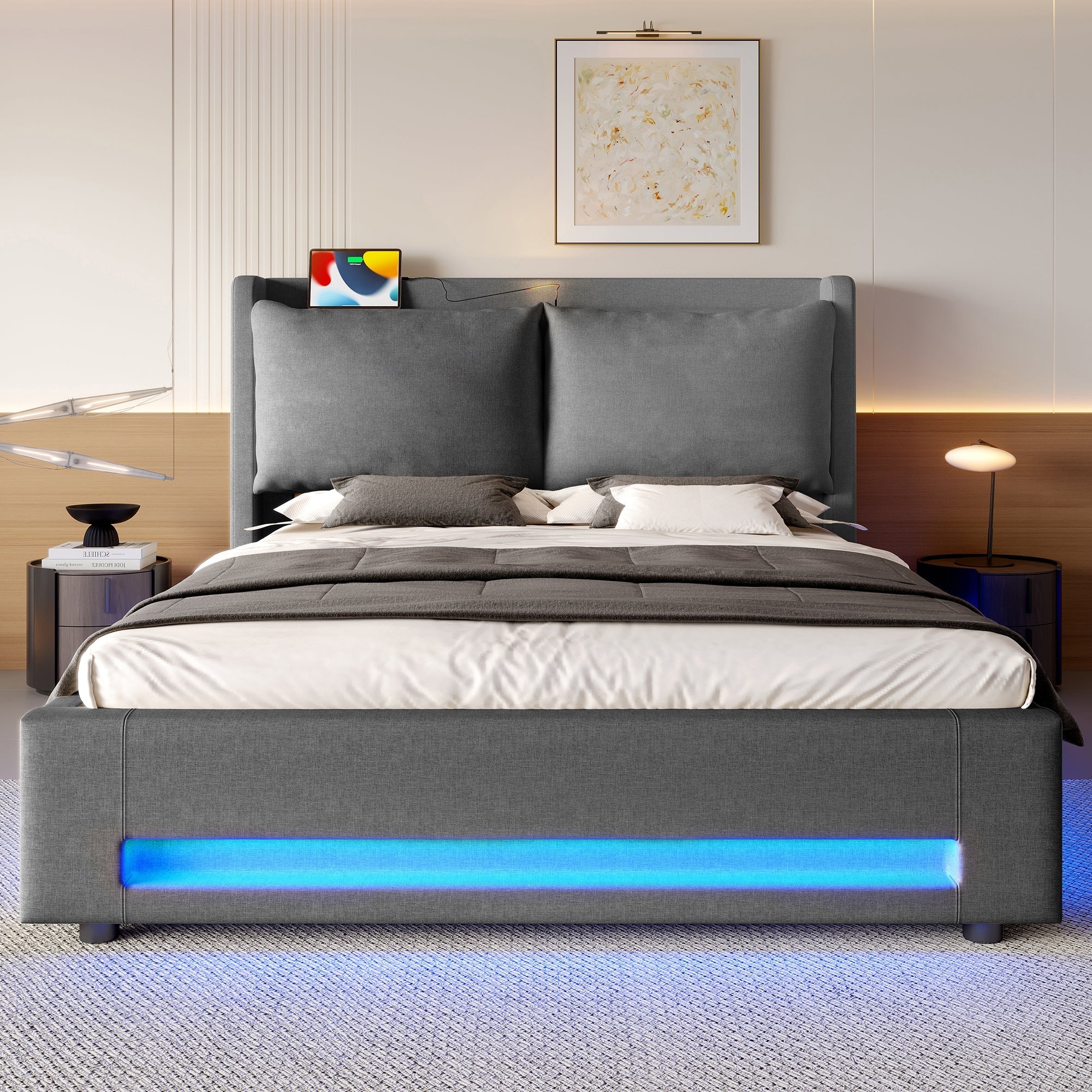 Modern Upholstered Bed with Storage, USB-C, LED Lights, Hydraulic Lift, Velvet