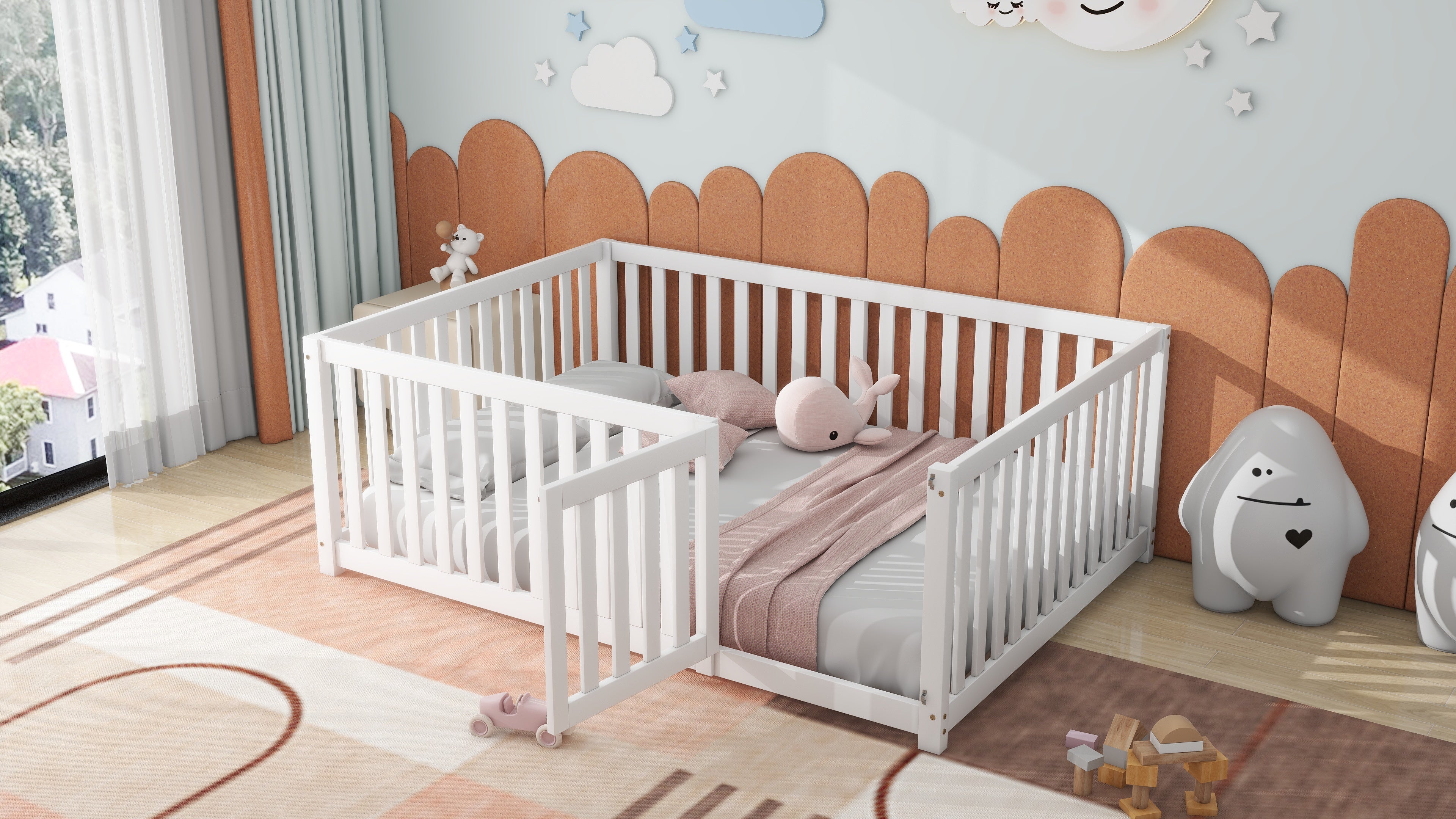 Children's bed 140 x 200, wooden floor bed frame with fence and door, white