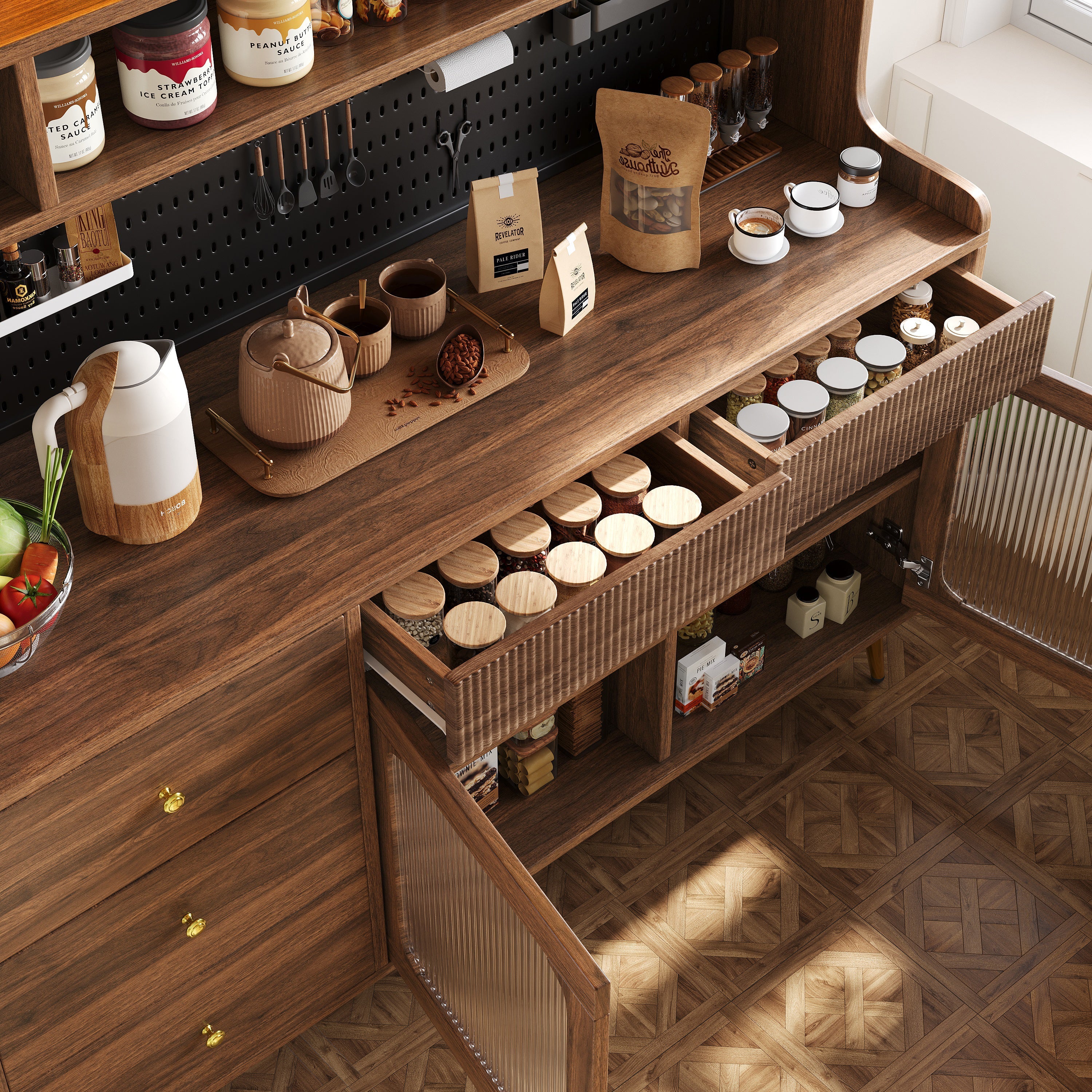 Modern Tall Sideboard 145x171cm with LED Lighting, App Control & Storage - Walnut