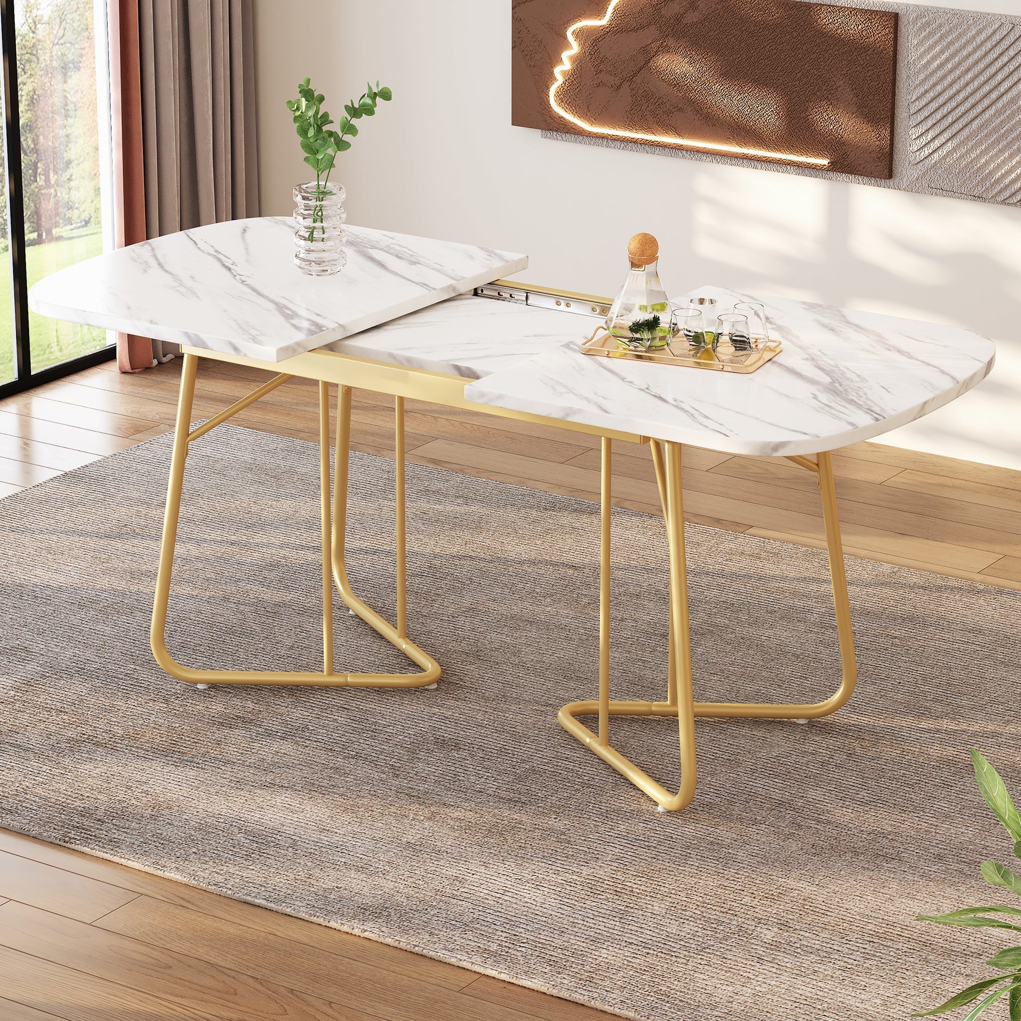 Extendable Dining Table Marble Top 140/180x80cm Gold Metal Legs - Whit ...