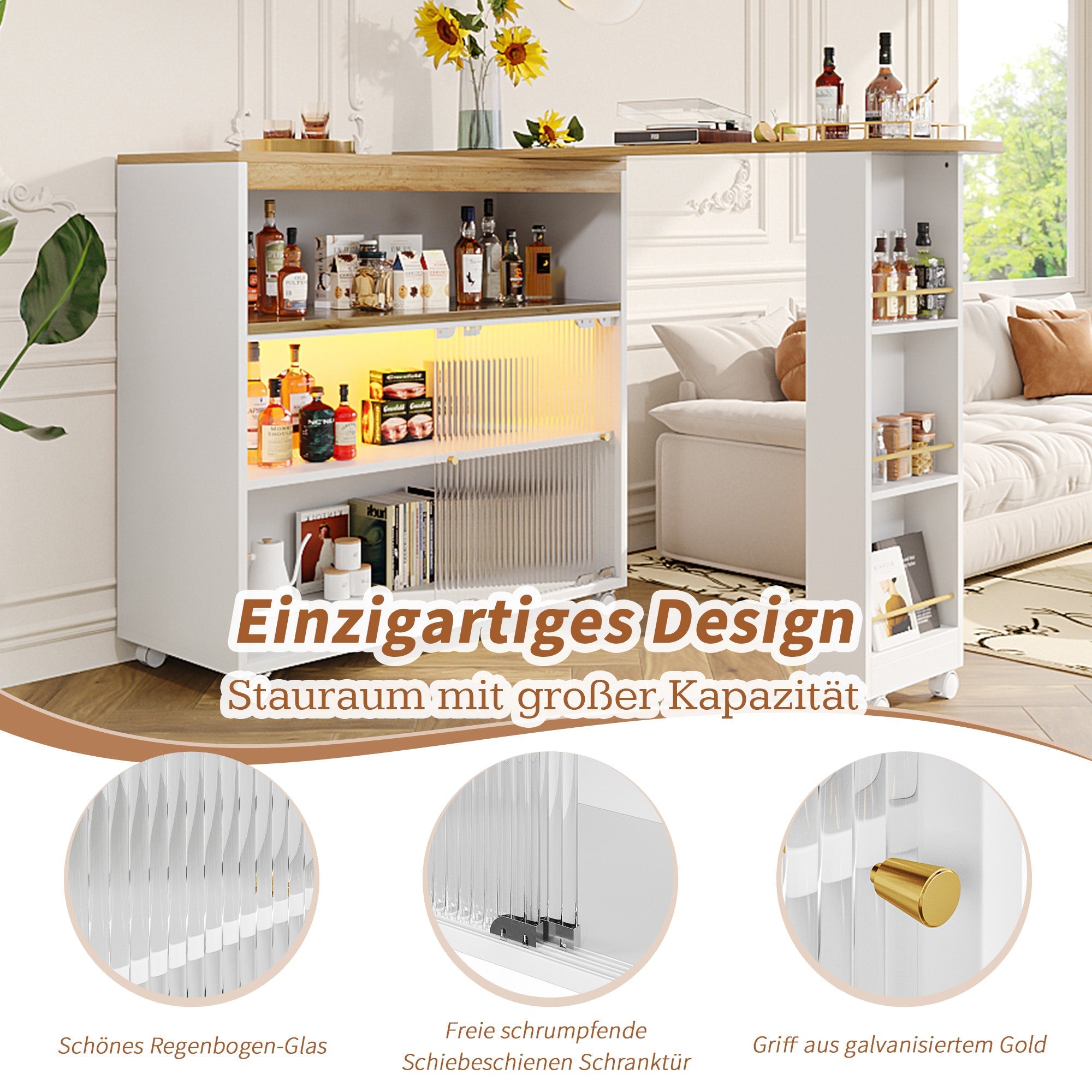 Extendable Bar Table, Movable Telescopic with LED, White