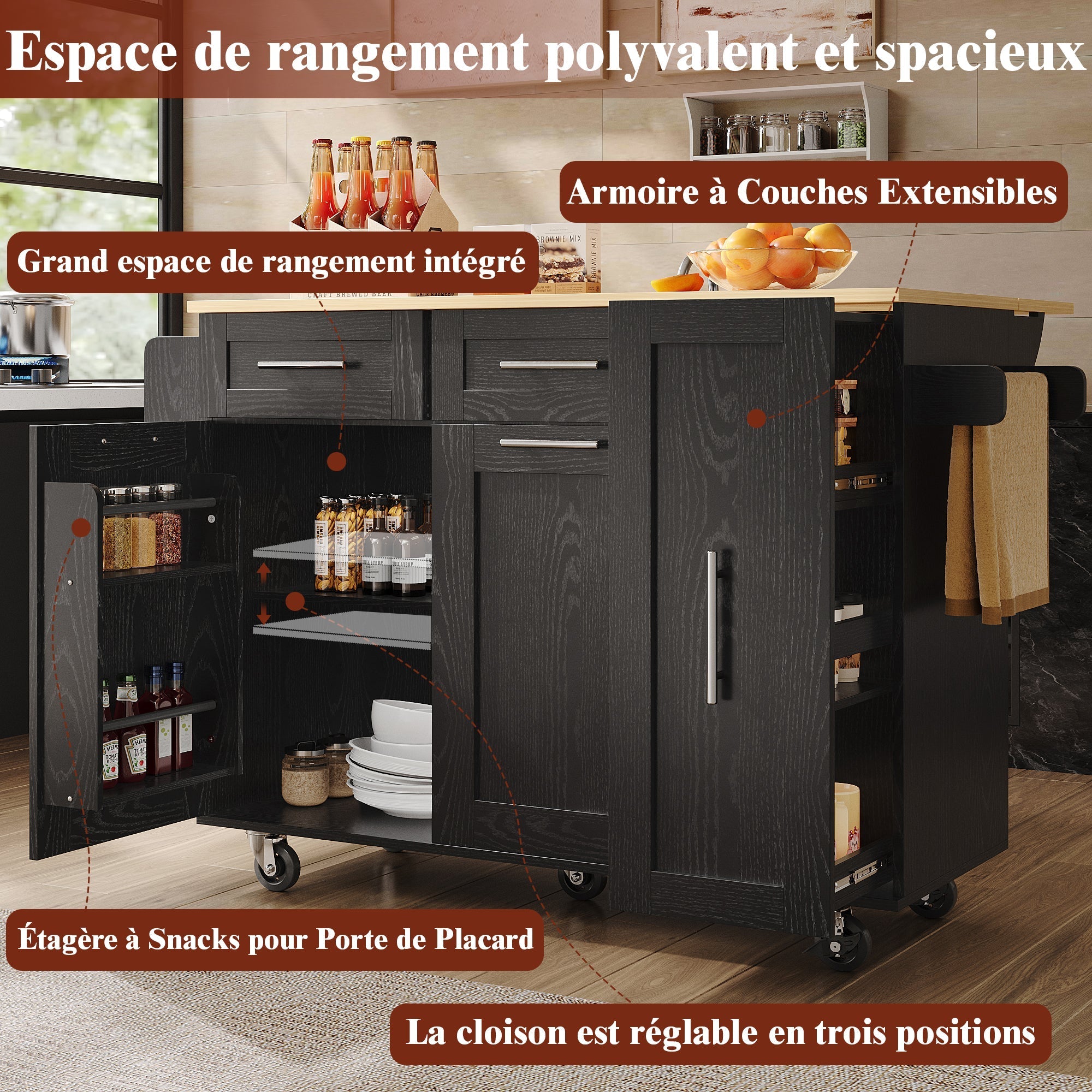 Mobile Kitchen Island Dining Table Extendable Storage - Wood Grain Black
