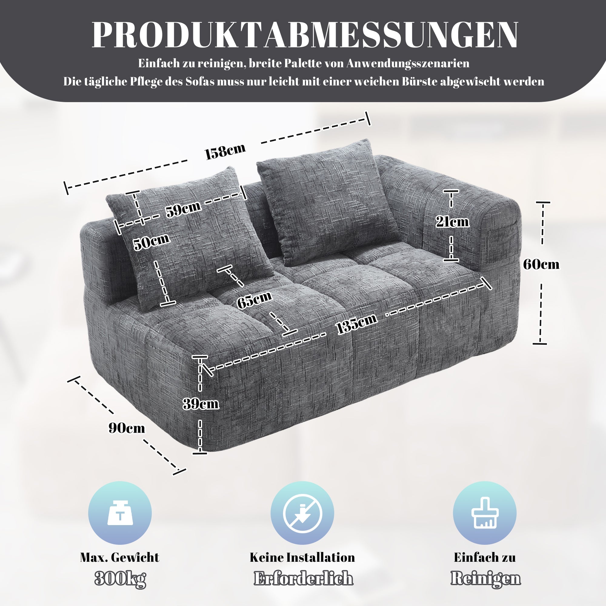 Sofa, Plush 2-Person No Assembly Side Pockets, Grey